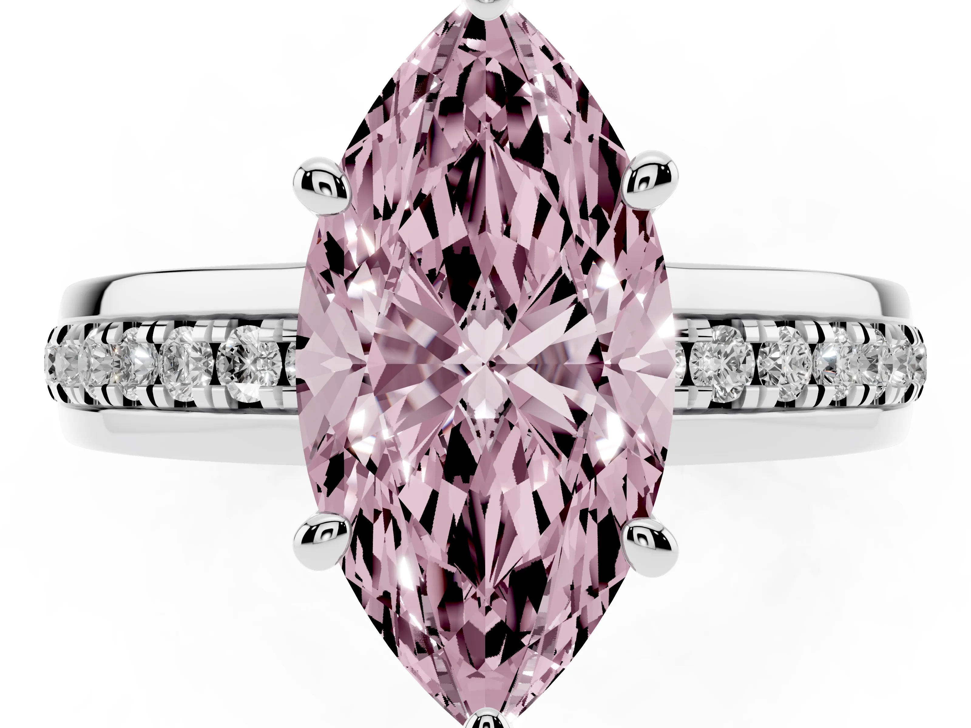 Fancy Pink Marquise Cut Diamond Solitaire Ring Set in Platinum with Channel Set Band and Prong Setting