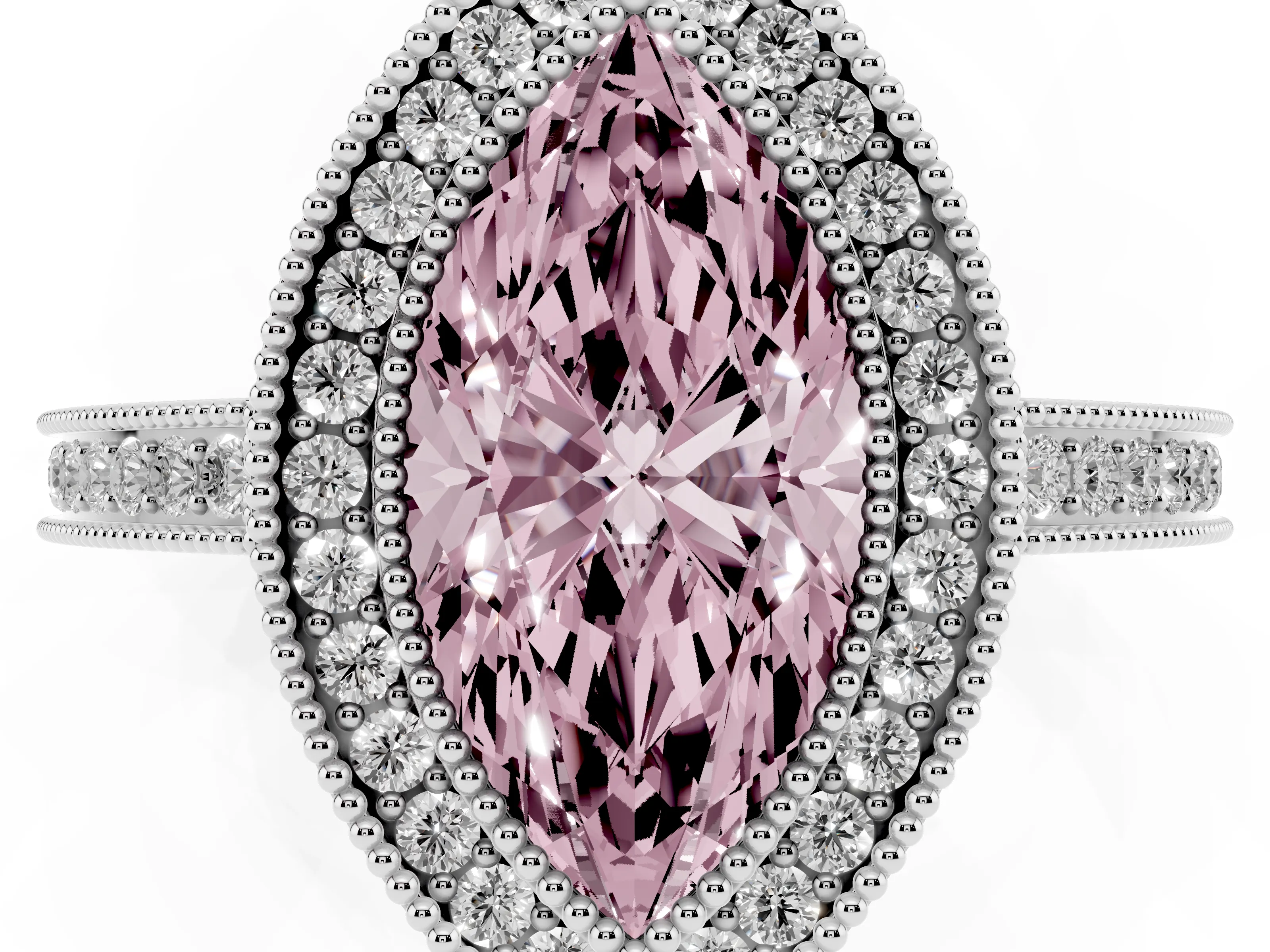 Fancy Pink Marquise Cut Diamond Halo Ring Set in White gold with Pavé Band and Milgrain-Edged Prongs