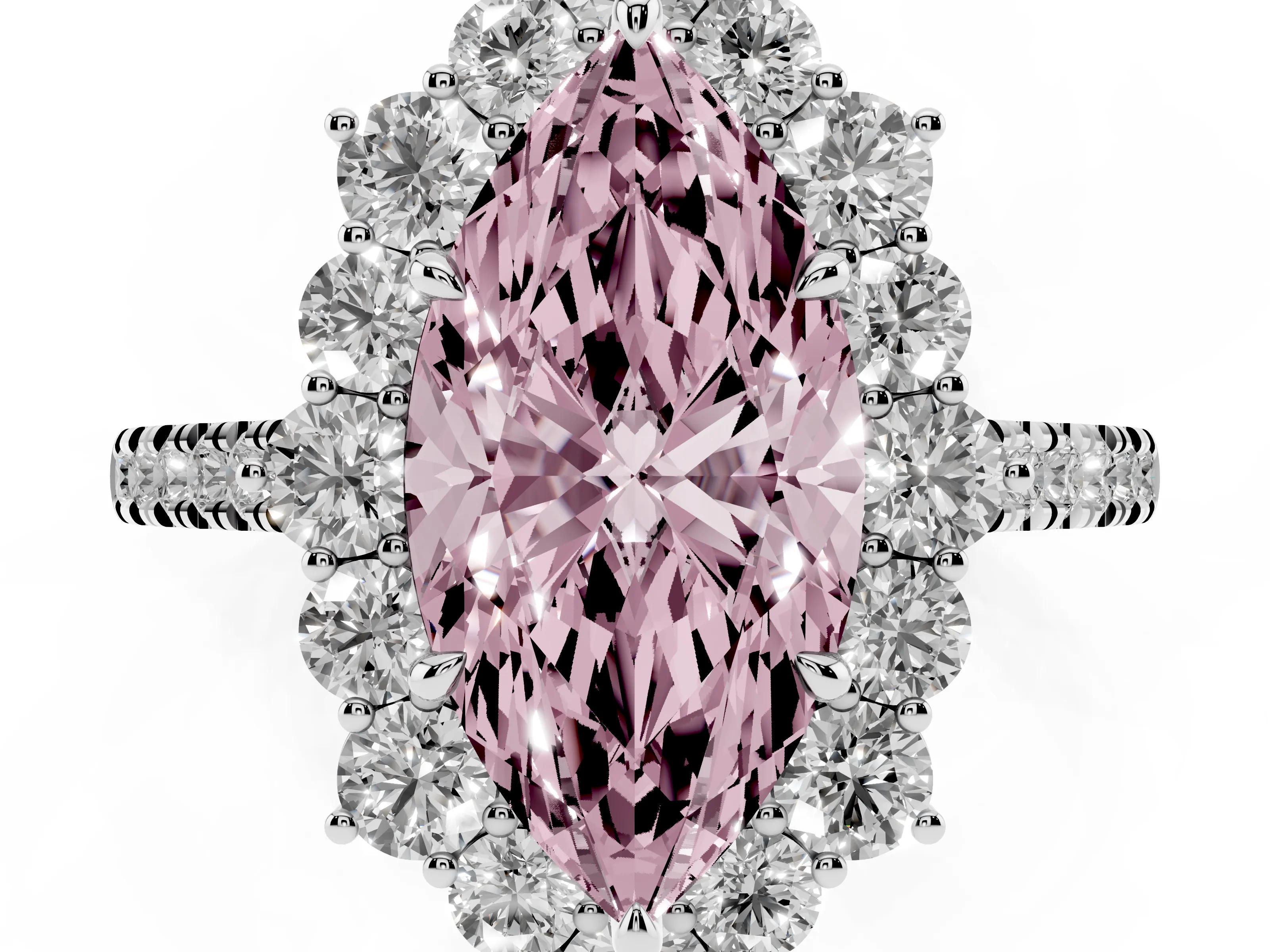 Fancy Pink Marquise Cut Diamond Halo Ring Set in White gold with Pavé Band and Prong Setting