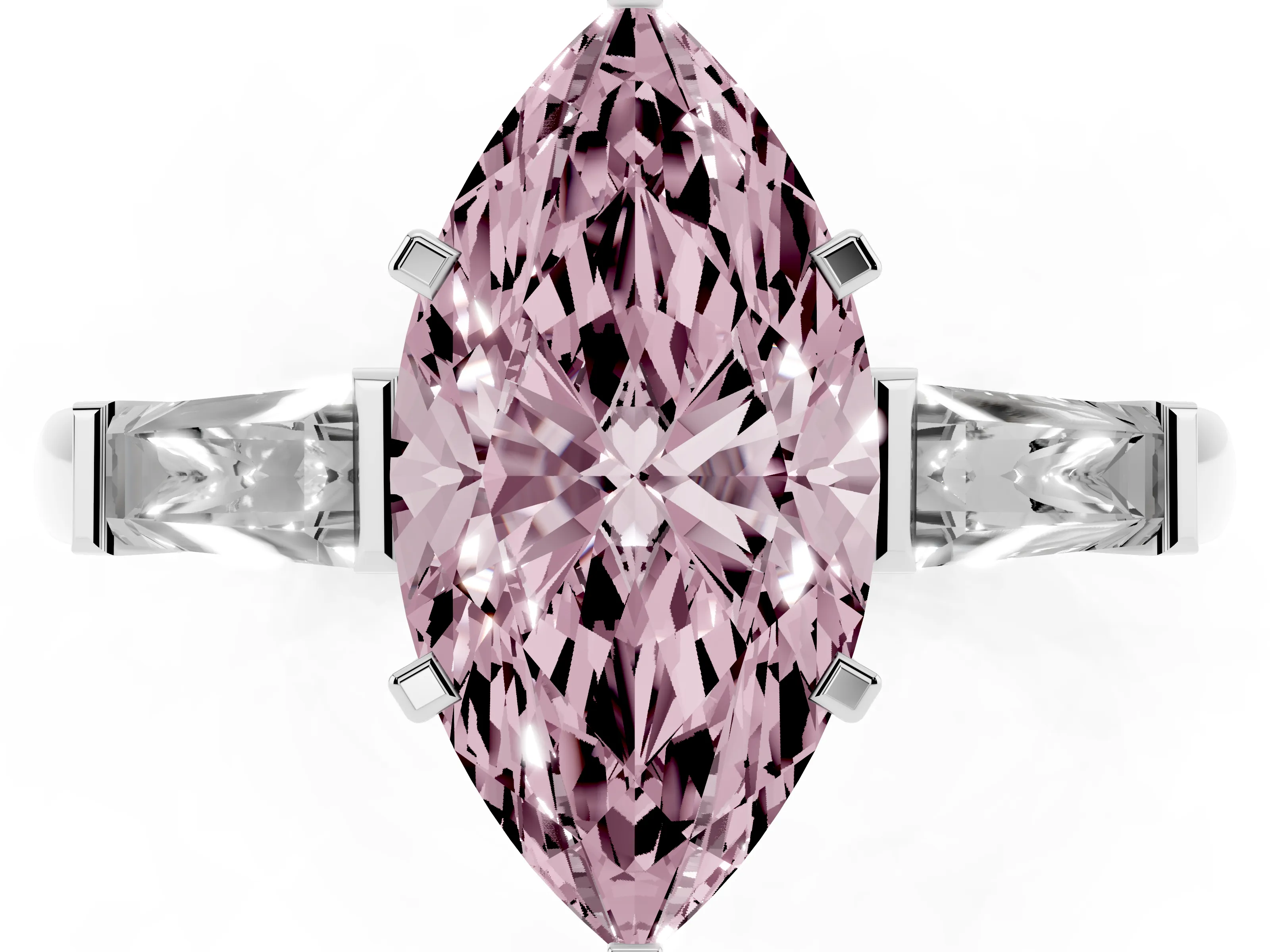 Fancy Pink Marquise Cut Diamond Solitaire Ring Set in White gold with Tapered Baguette Side Stones and Prong Setting