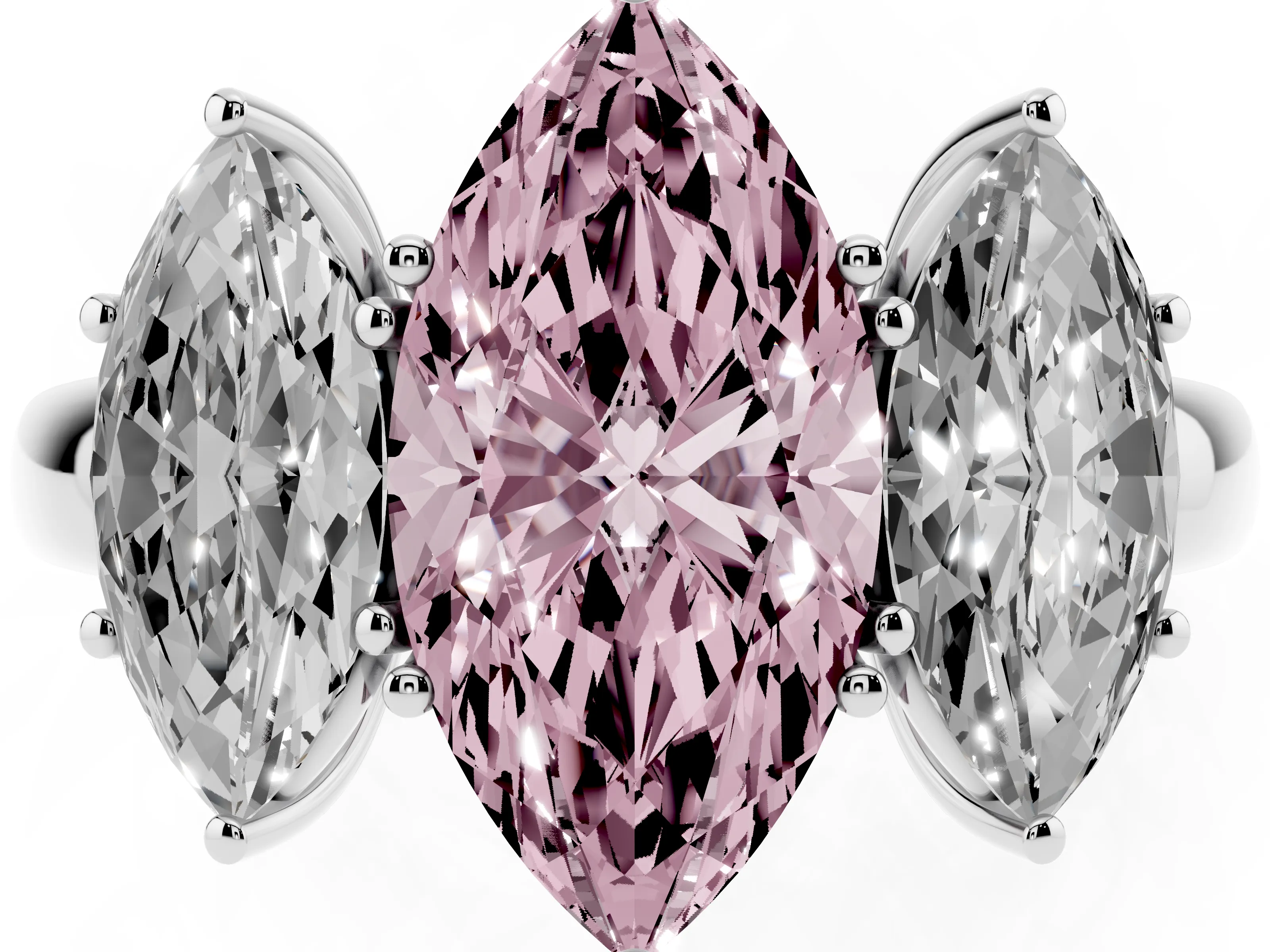Fancy Pink Marquise Cut Diamond Three-Stone Ring Set in White gold with Bold Center and Classic Band