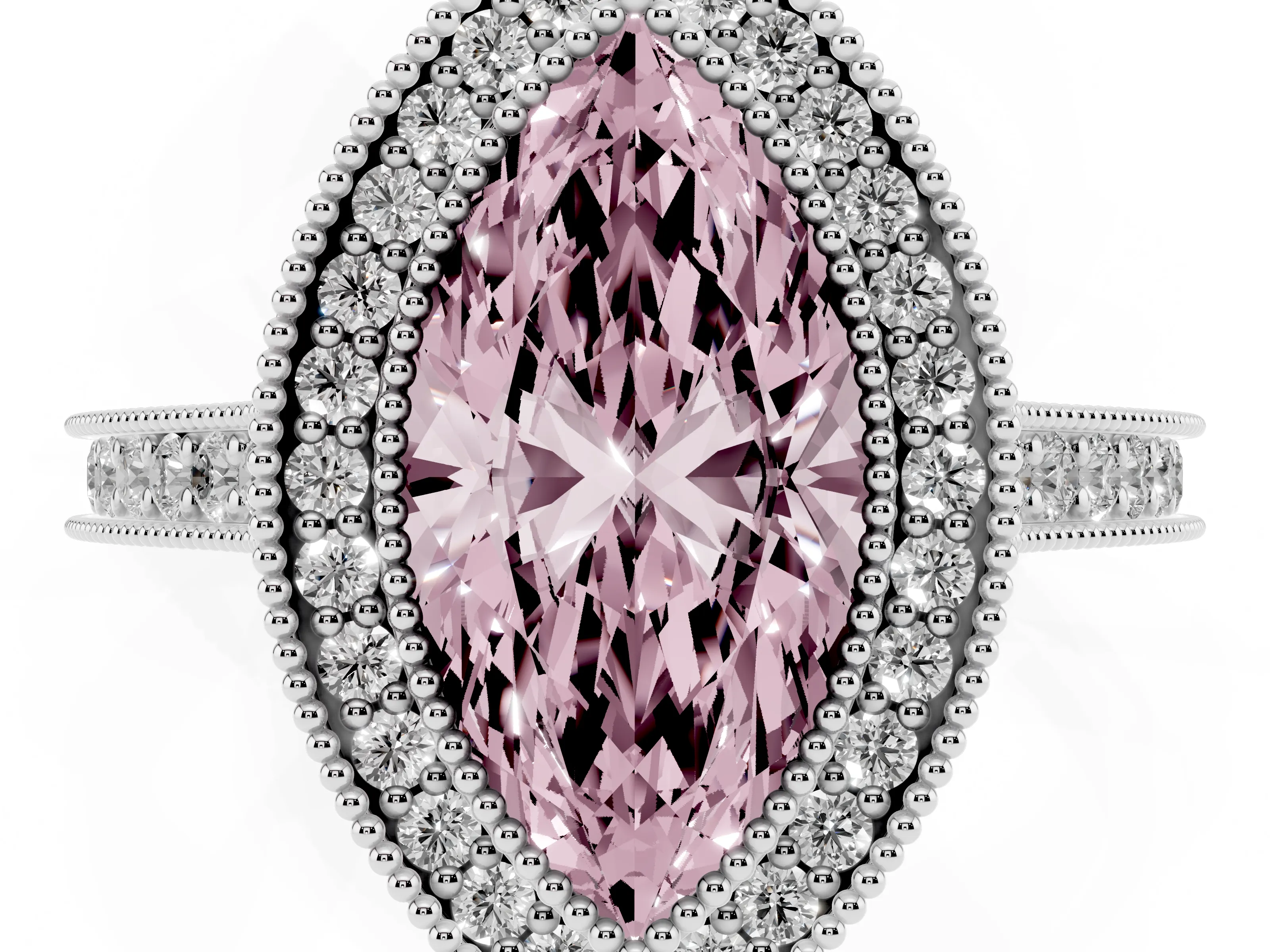 Fancy Pink Marquise Cut Diamond Halo Milgrain Pavé Band Ring Set in Platinum with Prong Setting