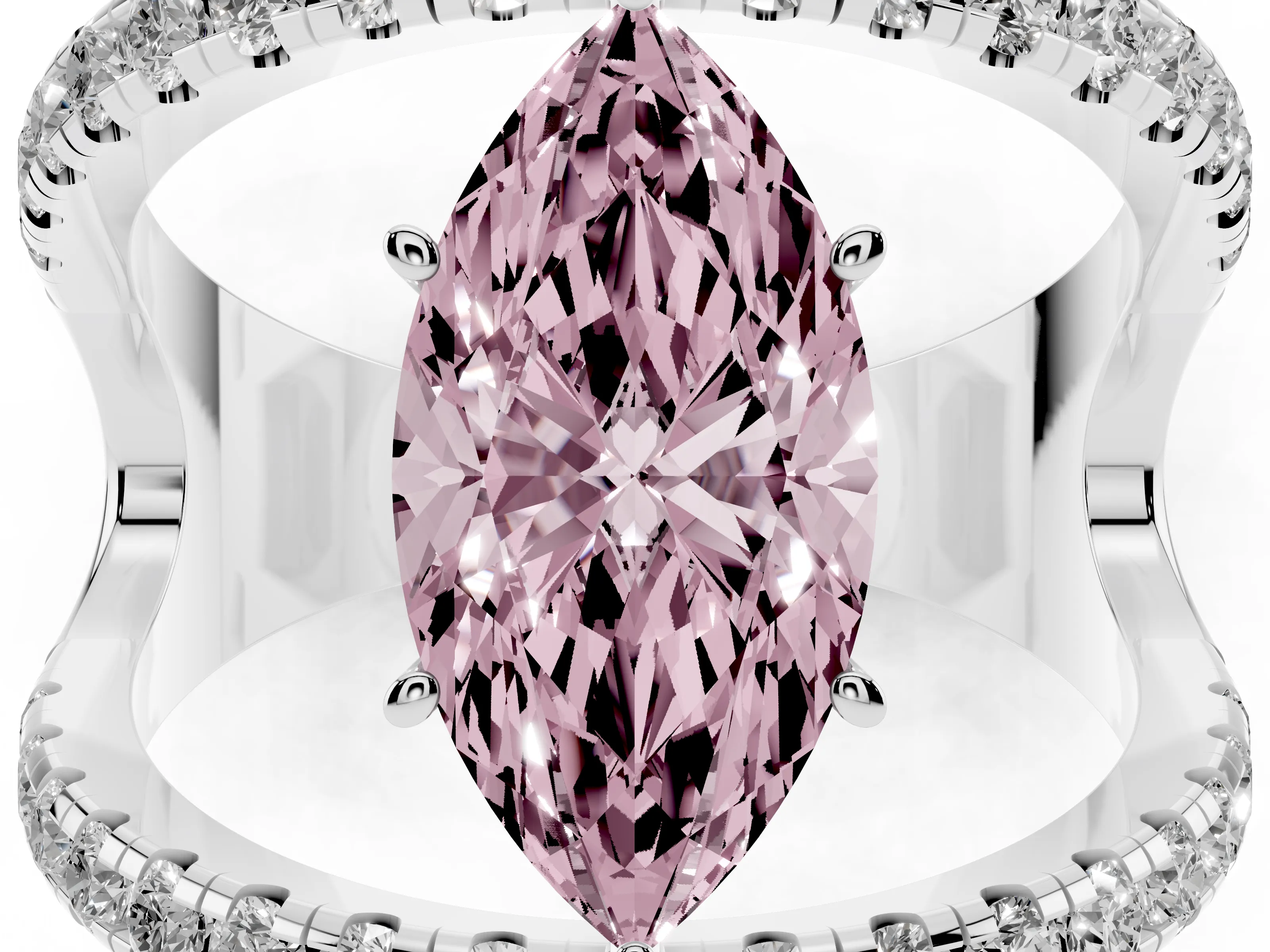 Fancy Pink Marquise Cut Diamond Split Shank Pavé Solitaire Ring Set in Silver with Open Shank Design
