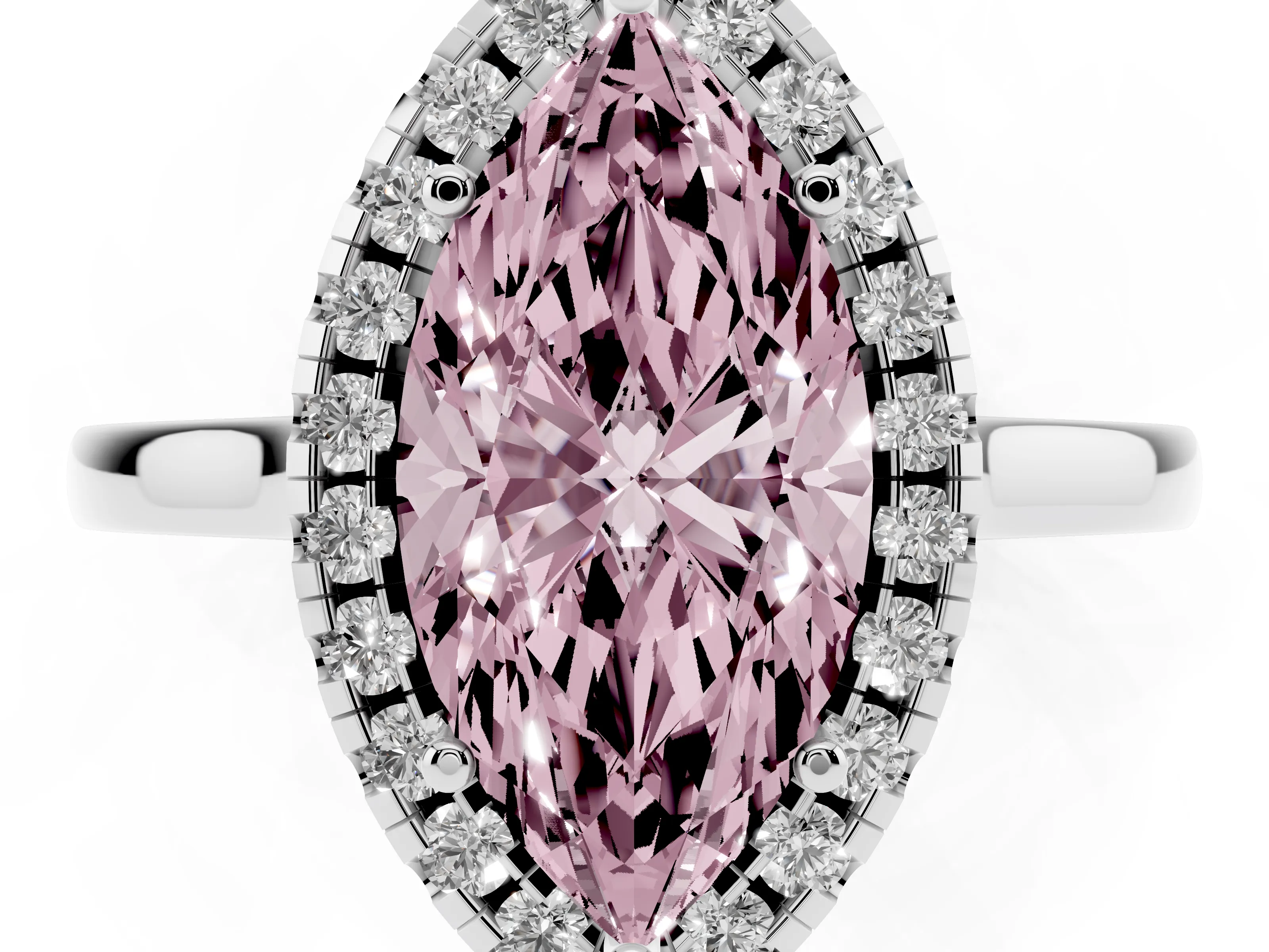 Fancy Pink Marquise Cut Halo Round Diamond Solitaire Ring Set in Platinum with Pavé Band and Prong Setting