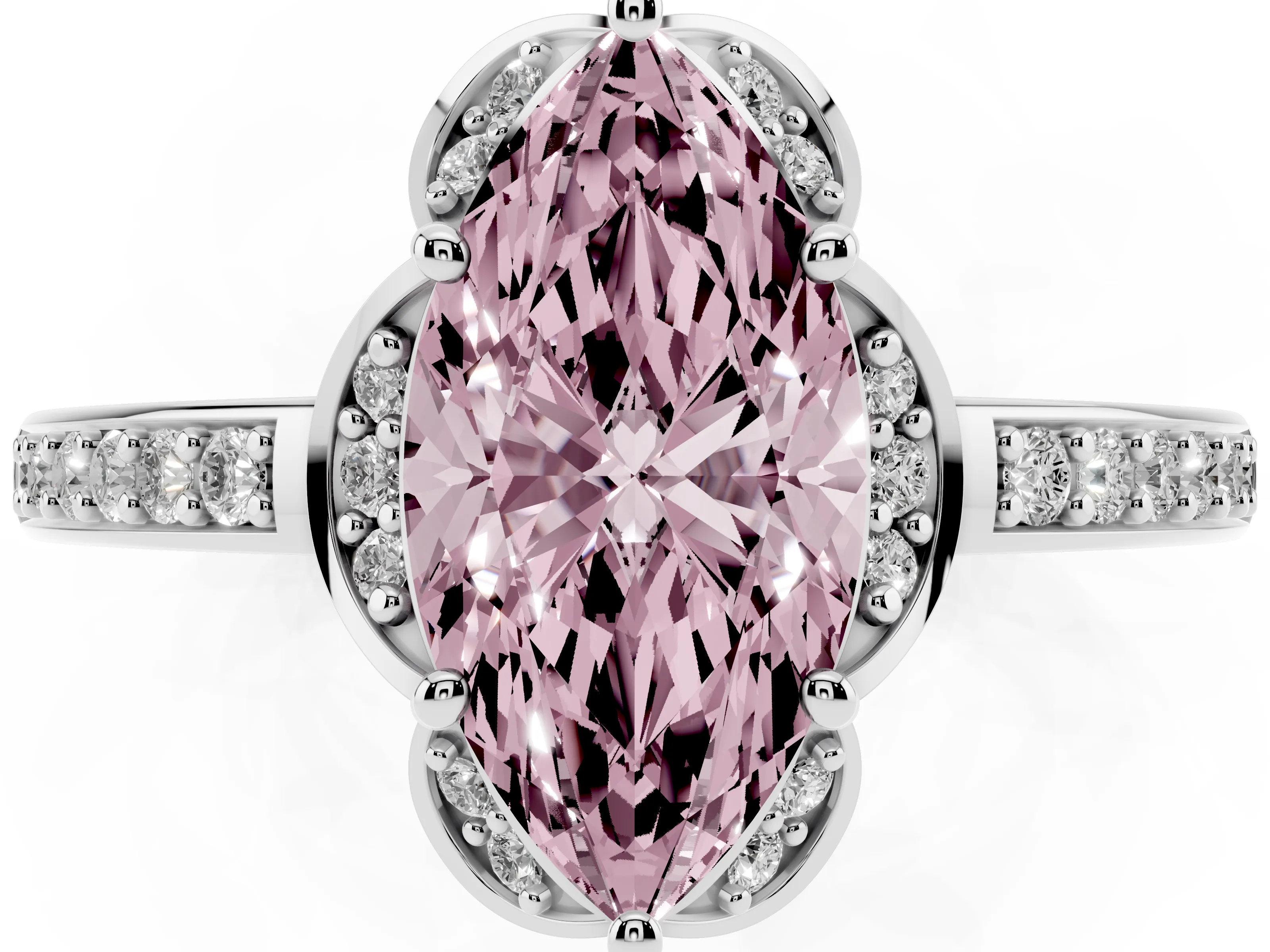 Fancy Pink Marquise Cut Diamond Halo Ring Set in White gold with Channel Set Band and Prong Setting