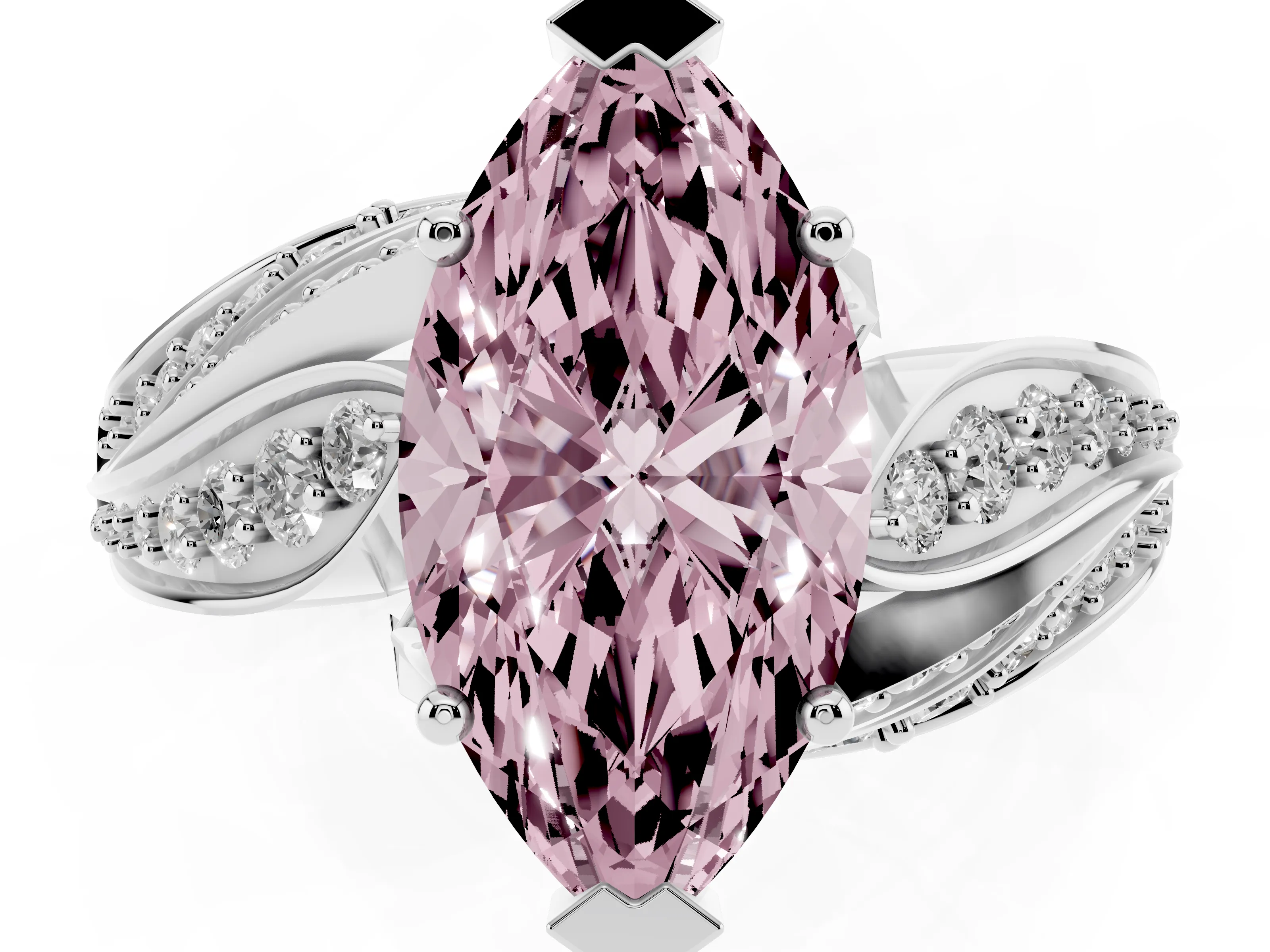 Fancy Pink Marquise Cut Diamond Solitaire Ring Set in Platinum with Layered Twist Pavé Band