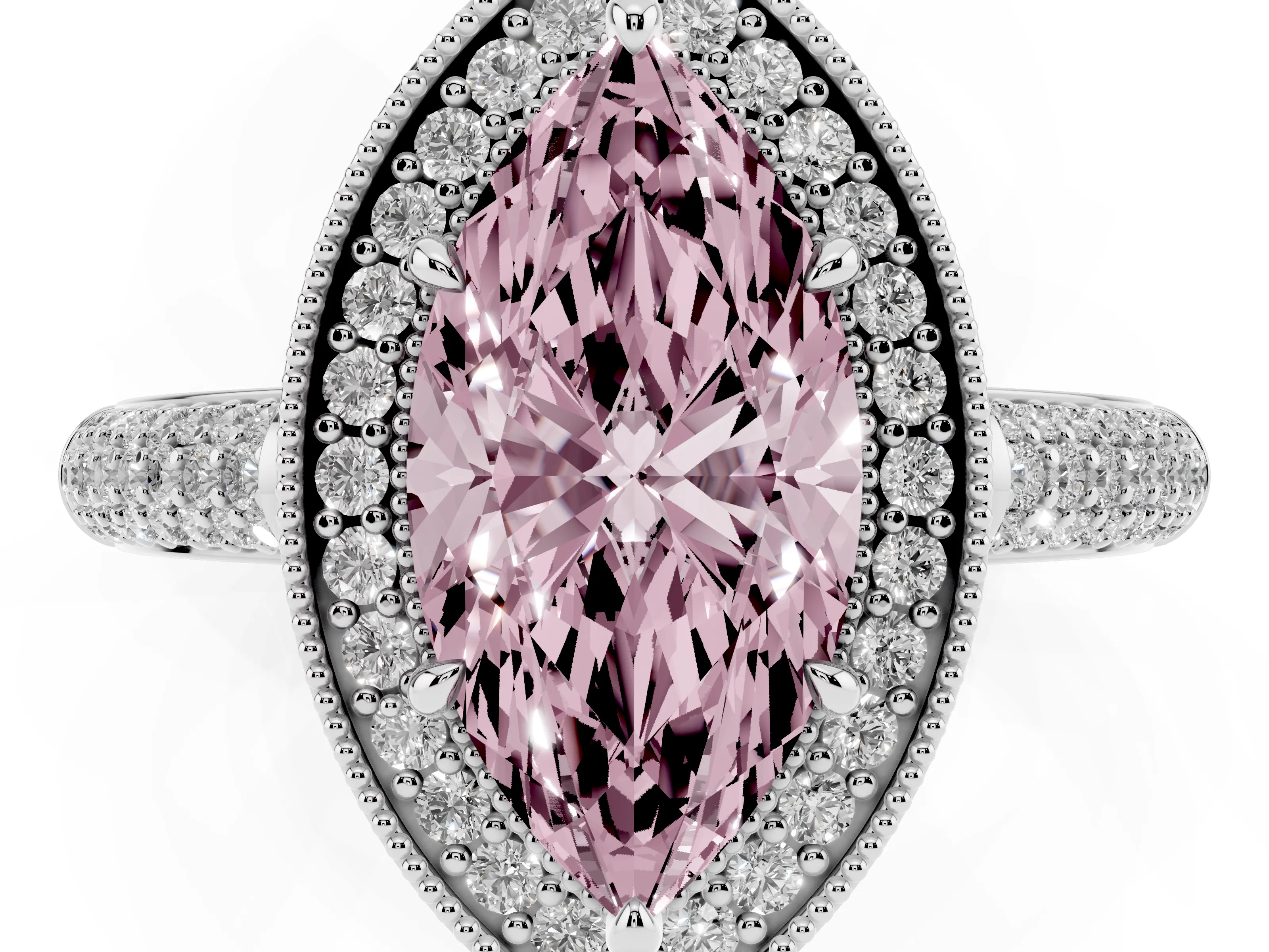 Fancy Pink Marquise Cut Diamond Halo Pavé Band Set in Silver with Prong Setting