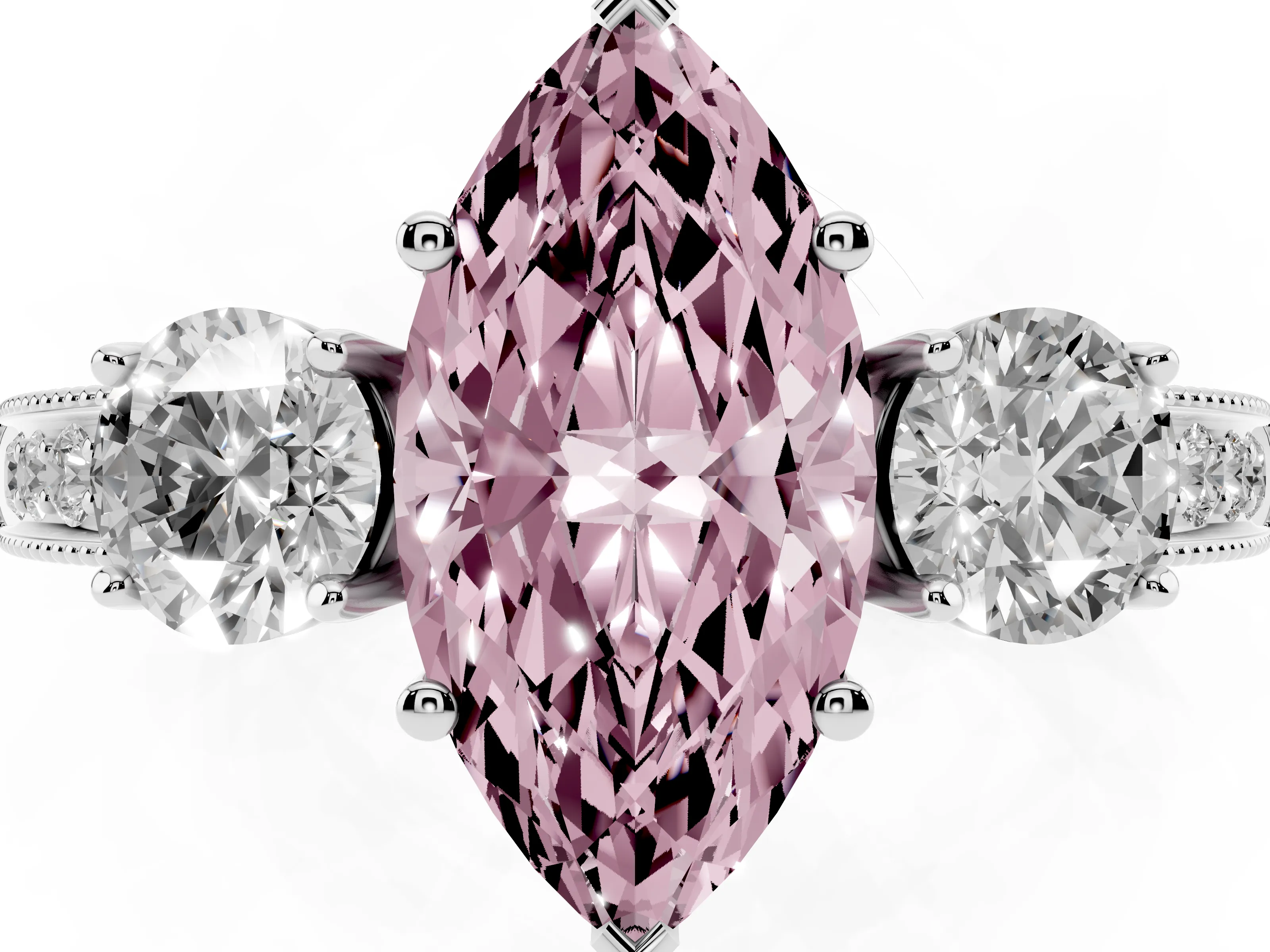 Fancy Pink Marquise Cut Diamond Three-Stone Ring Set in Silver with Round Side Stones and Pavé Band