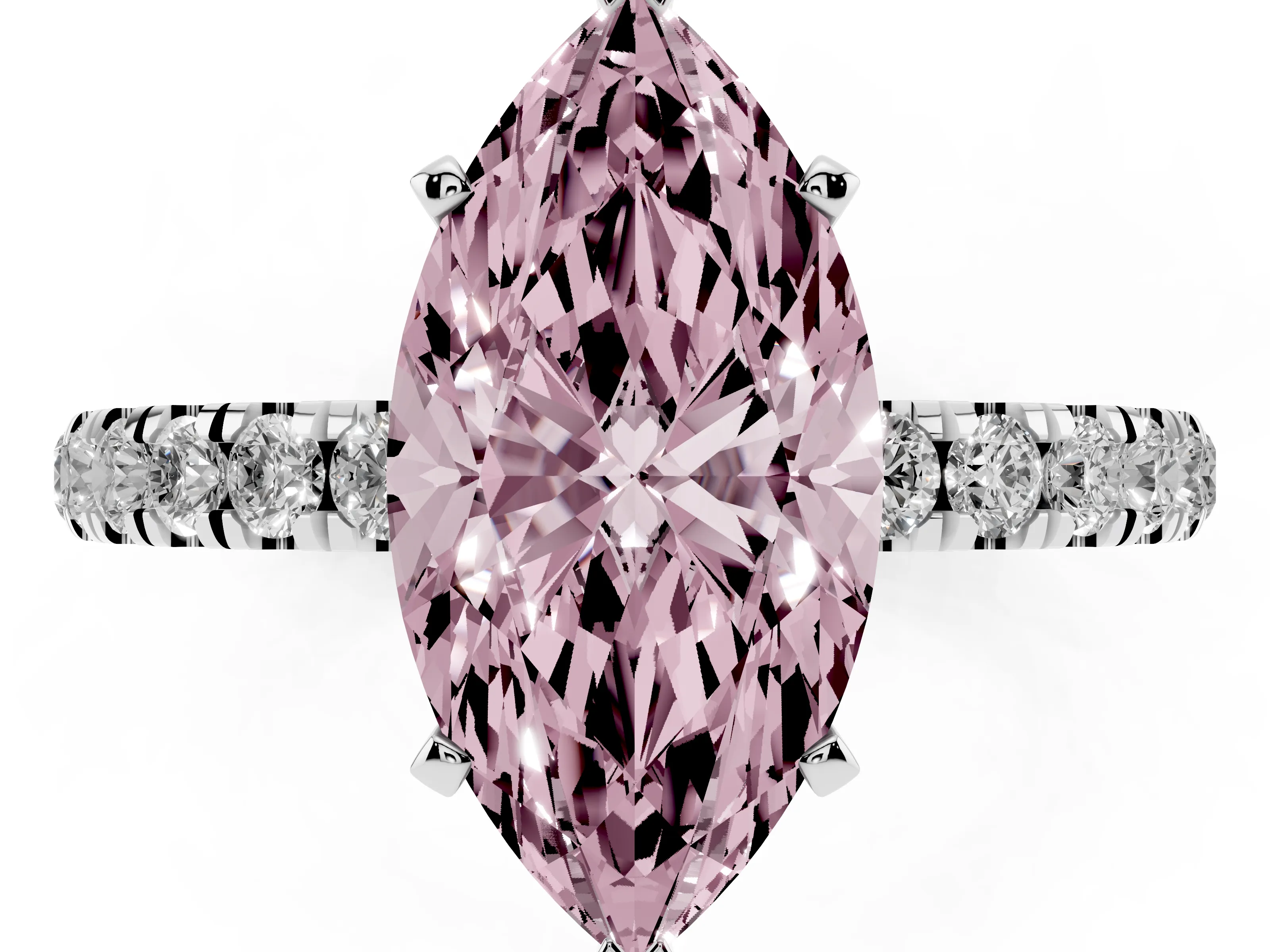 Fancy Pink Marquise Cut Diamond Solitaire Ring Set in Platinum with Pavé Accents and Prong Setting