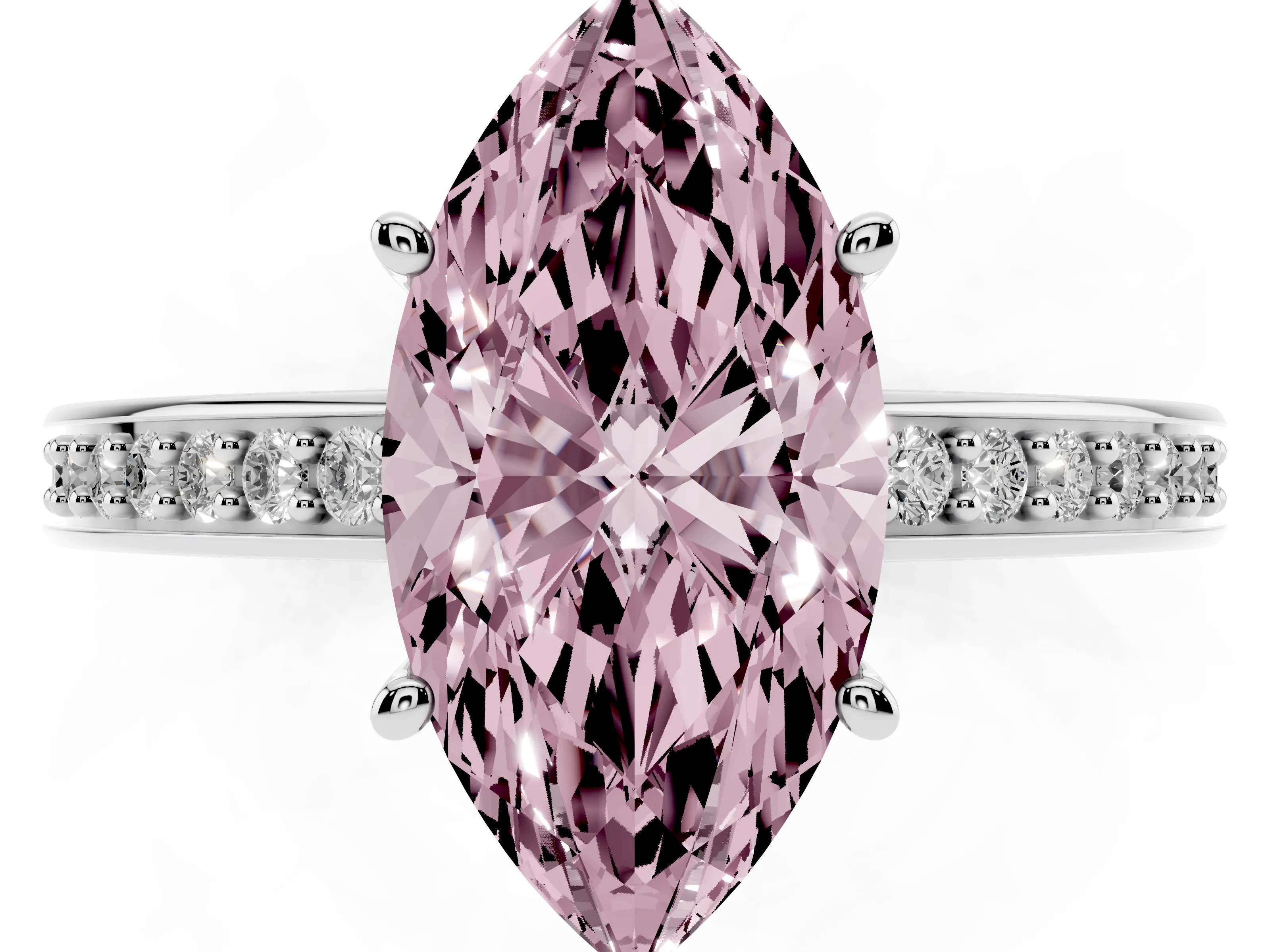 Fancy Pink Marquise Cut Diamond Pavé Band Prong Set Solitaire Ring Set in Platinum