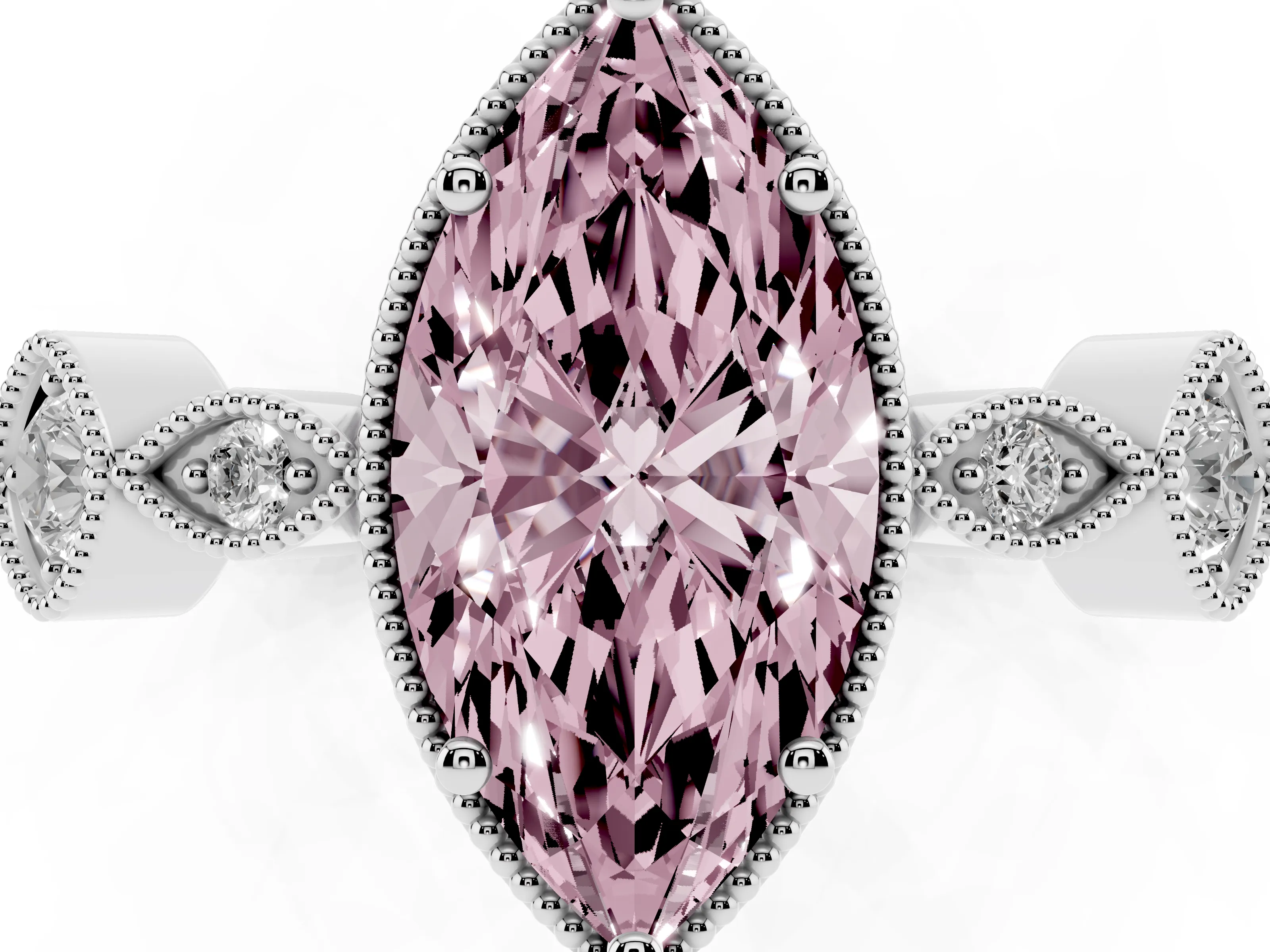Fancy Pink Marquise Cut Diamond Vintage-Inspired Milgrain Ring Set in White gold with Marquise Stations of Round Accents