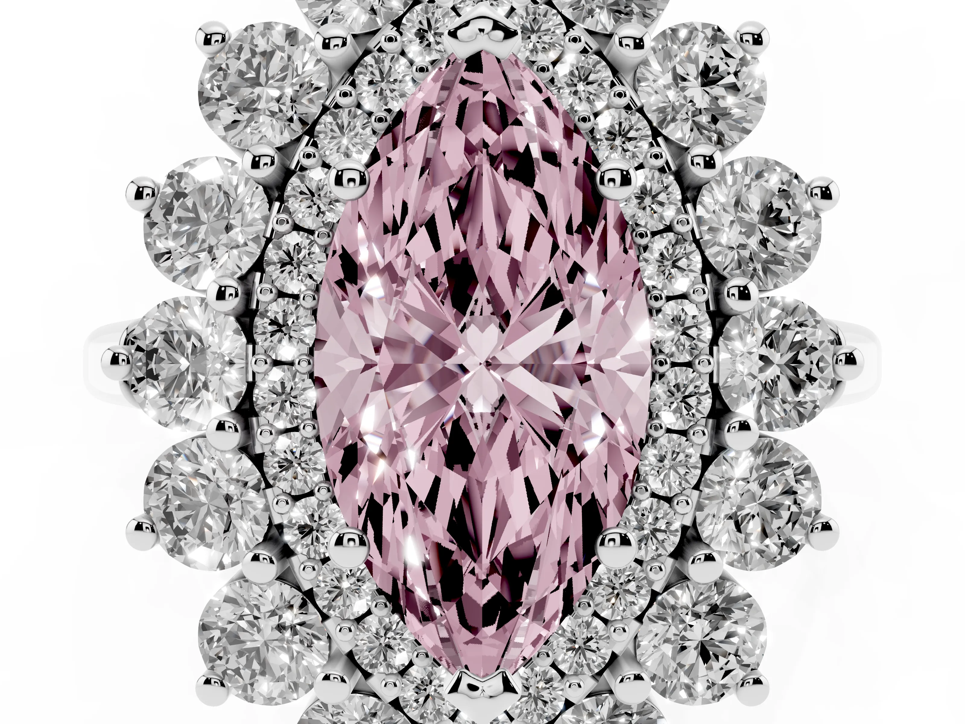 Fancy Pink Marquise Cut Diamond Floral Double Halo Ring Set in Silver with Round Petals