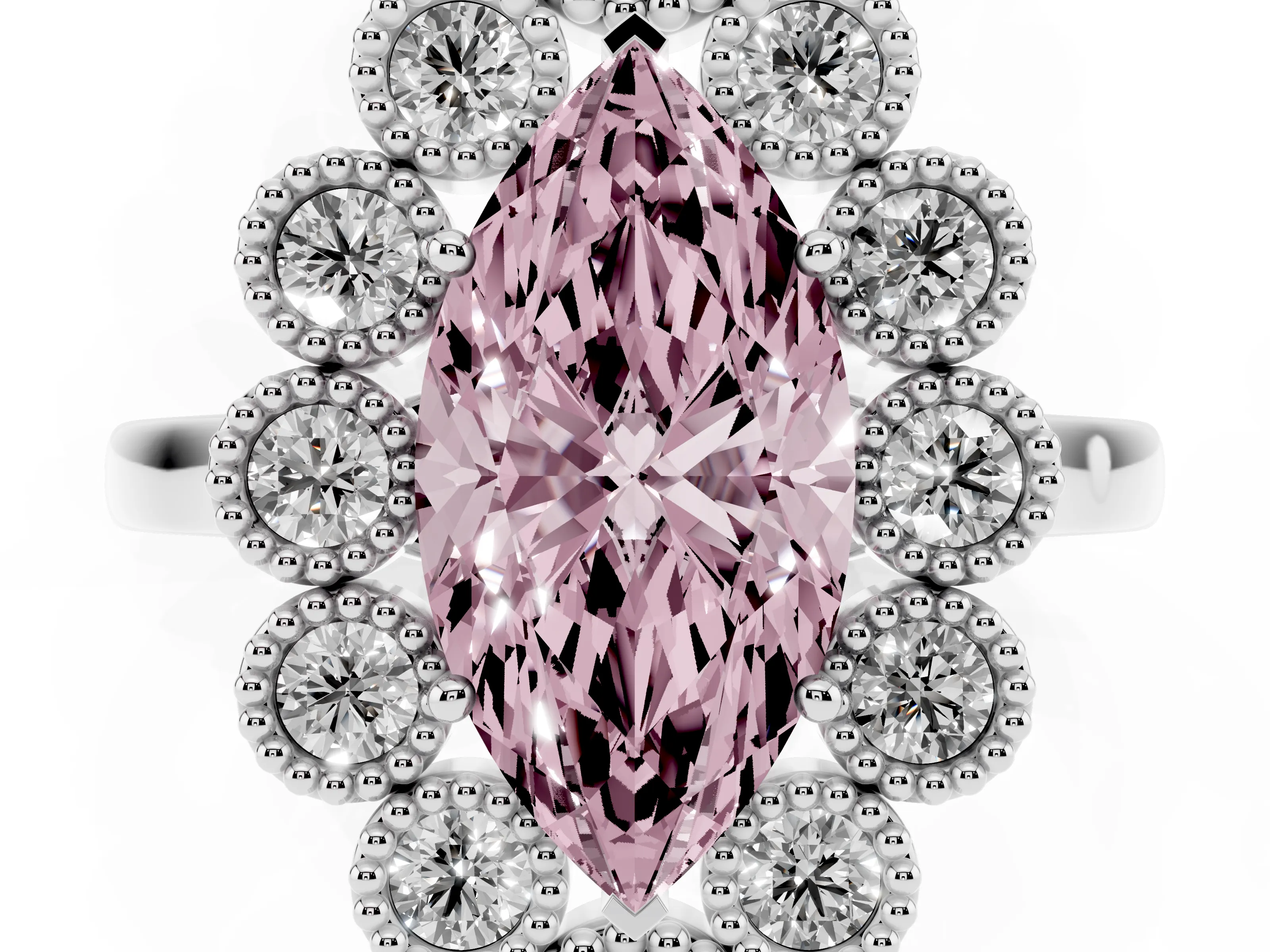 Fancy Pink Marquise Cut Diamond Cluster Halo Ring Set in Platinum with Milgrain Bezel Accents and Plain Band