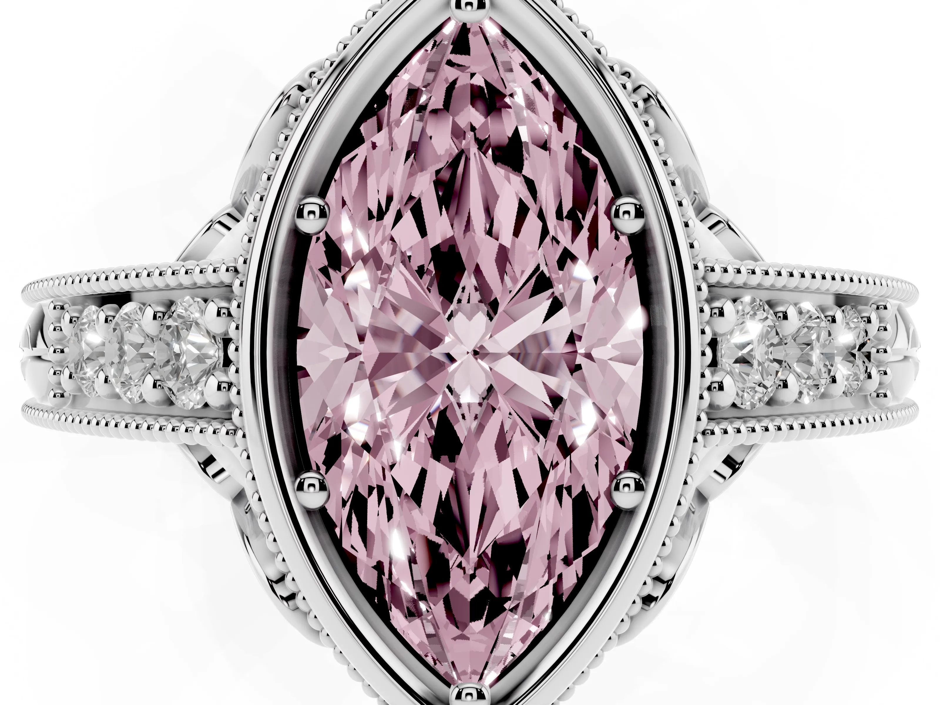 Fancy Pink Bezel Set Marquise Cut Diamond Milgrain Pavé Engagement Ring Set in White gold