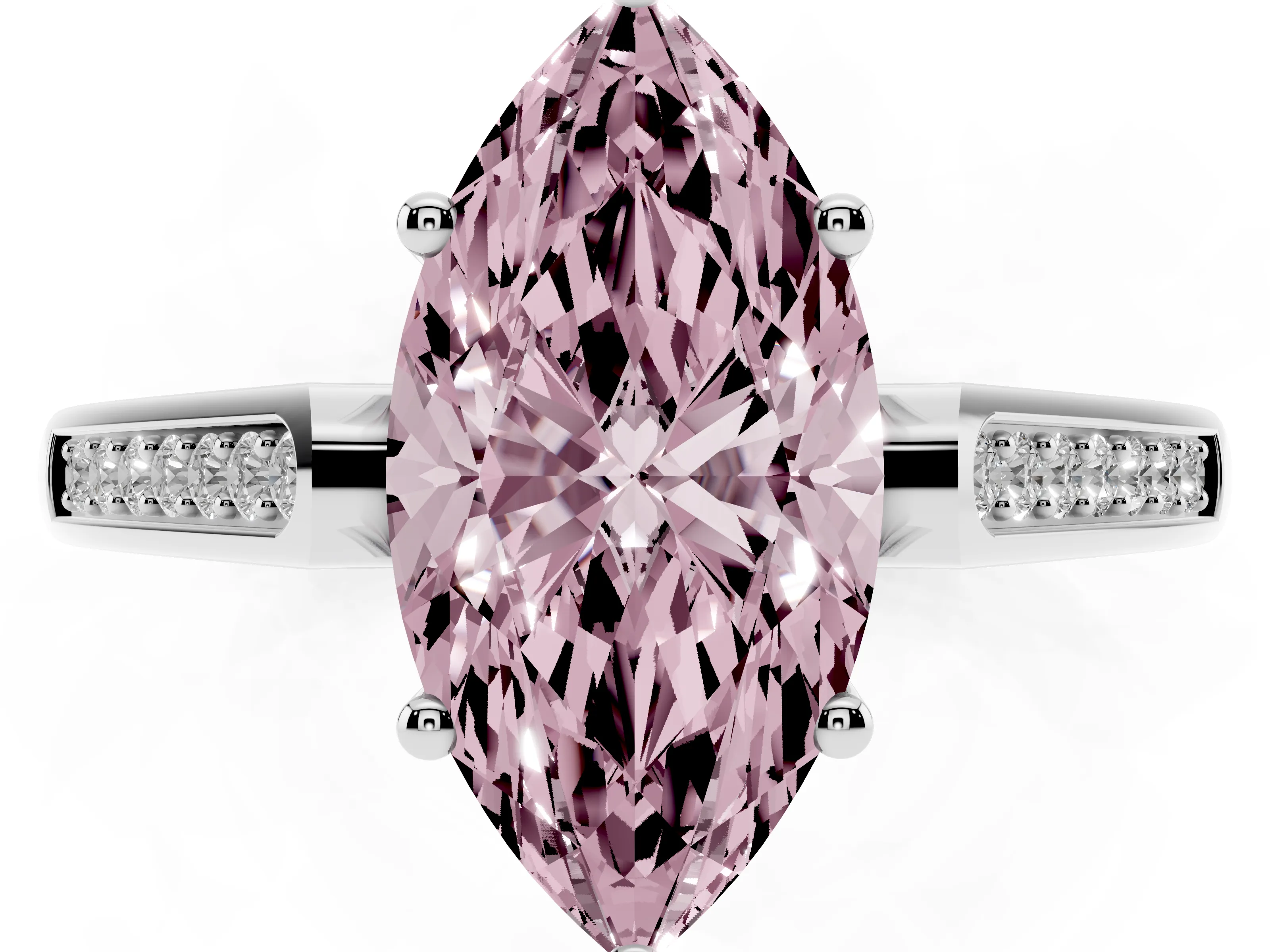 Fancy Pink Marquise Cut Diamond Solitaire Cathedral Engagement Ring Set in White gold with Channel-Set Band and Prong Setting