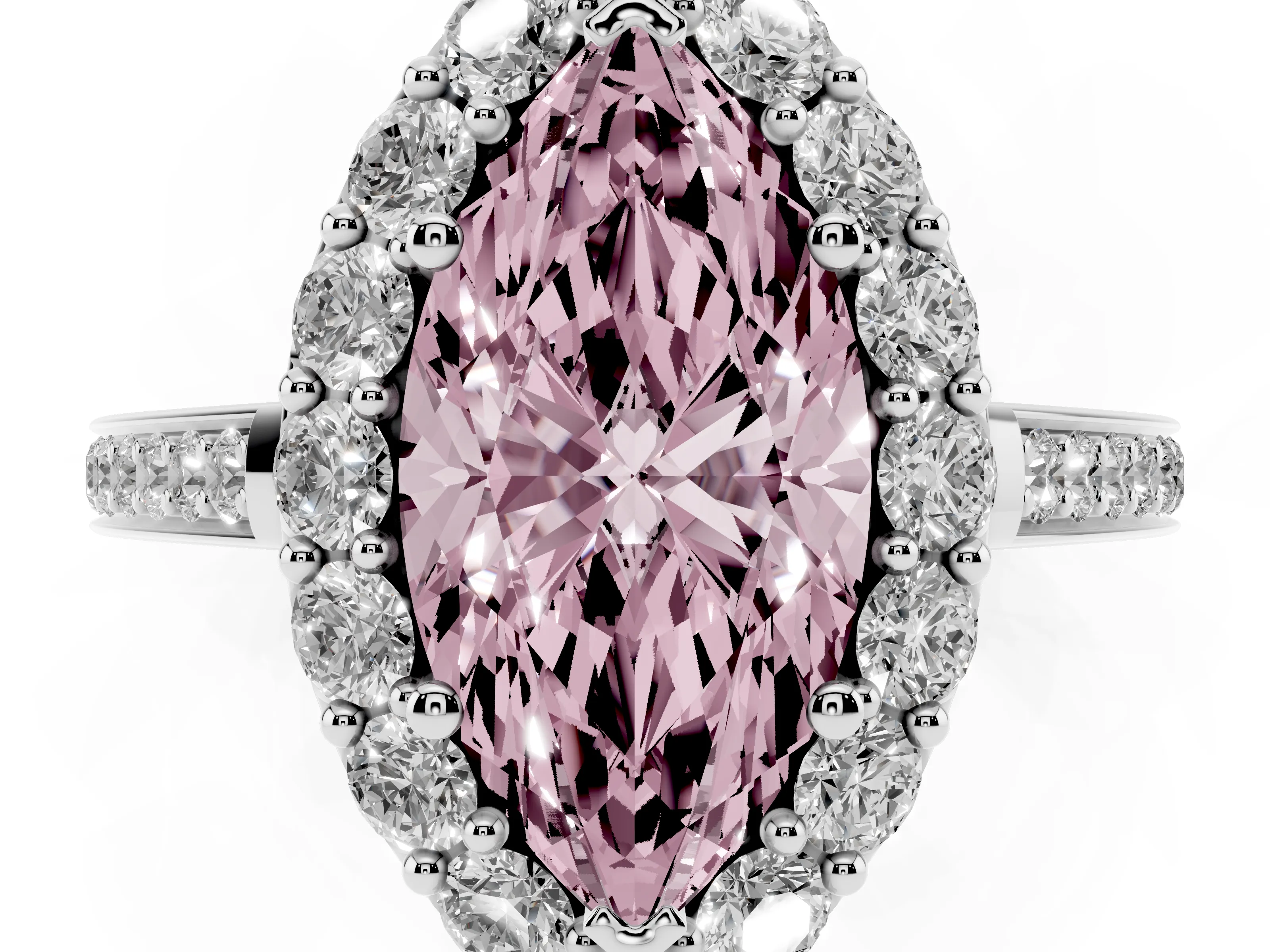 Fancy Pink Marquise Cut Diamond Floral Halo Ring Set in Silver with Pavé Band and Prong Setting