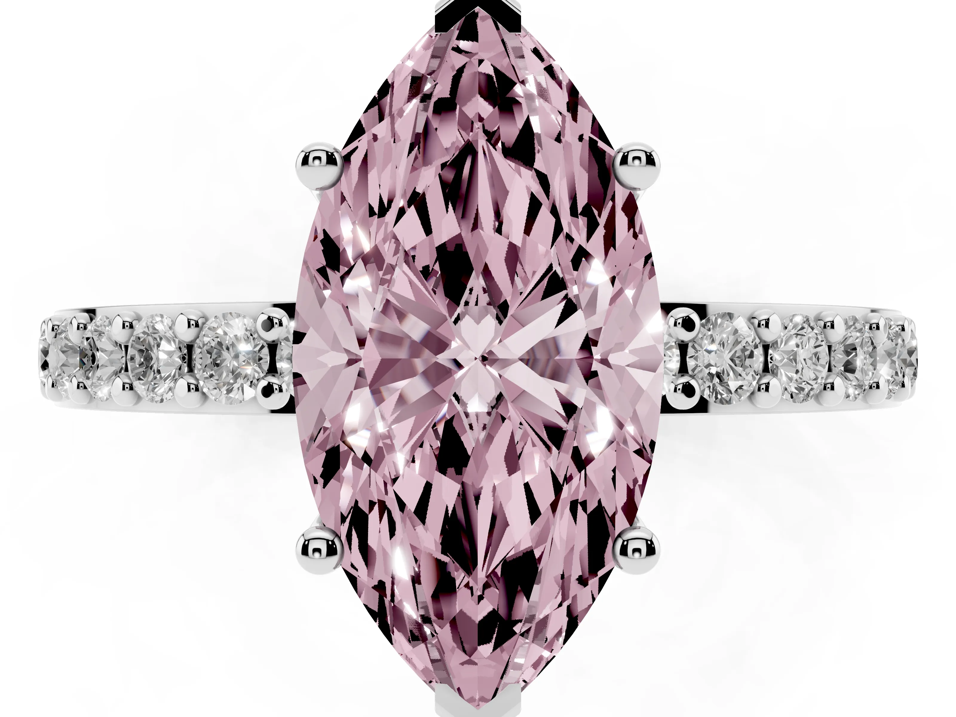 Fancy Pink Marquise Cut Diamond Solitaire Set in Silver with Round Pavé Band and Prong Setting