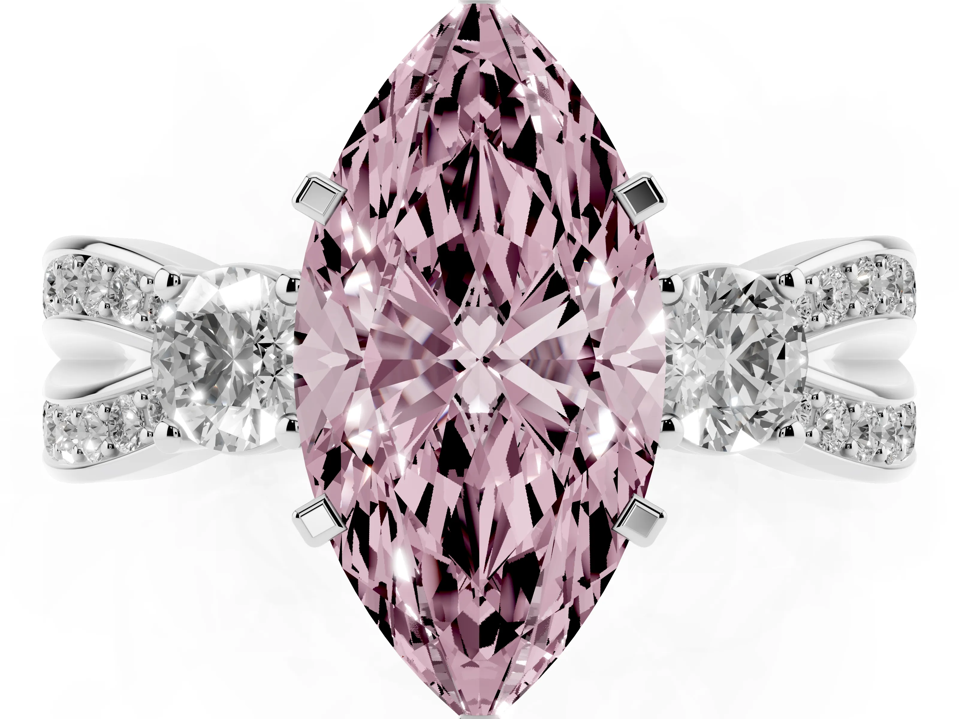 Fancy Pink Three-Stone Marquise Cut Diamond Twist Band Ring Set in White gold with Pavé Accents and Prong Setting