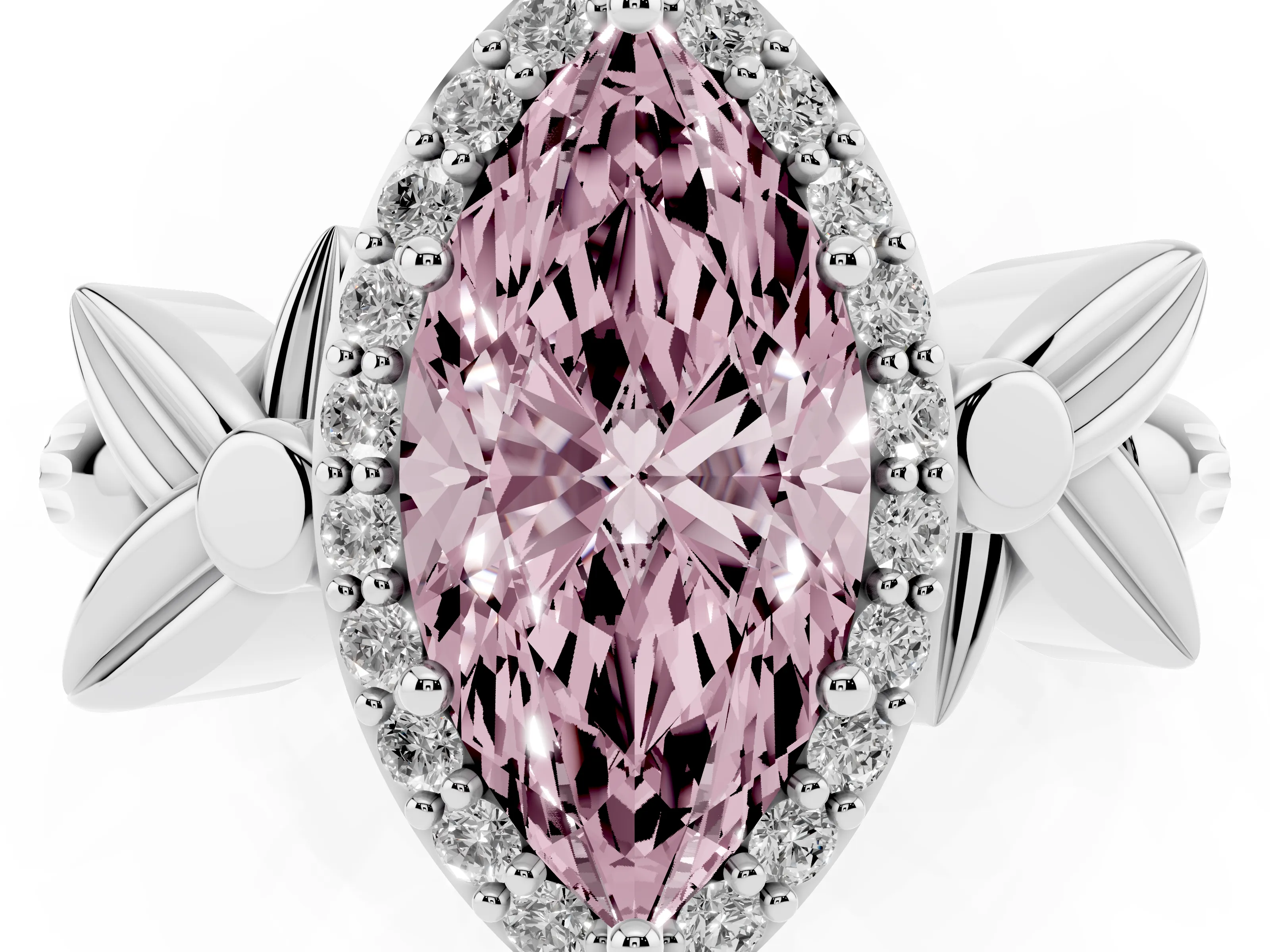 Fancy Pink Marquise Cut Diamond Halo Floral Band Ring Set in Platinum with Prong Setting