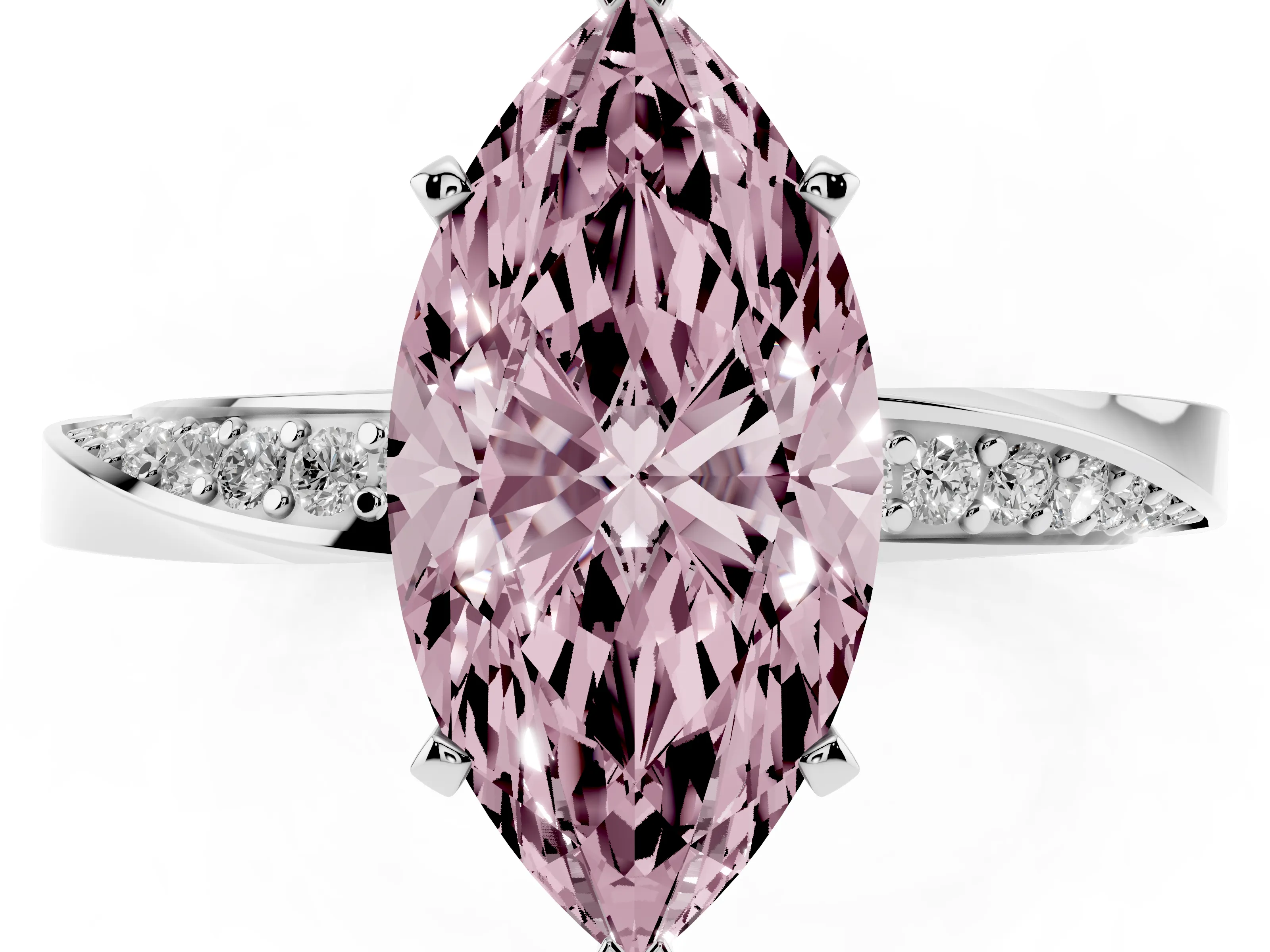 Fancy Pink Marquise Cut Diamond Engagement Ring Set in Silver with Side Stone Accents and Prong Setting