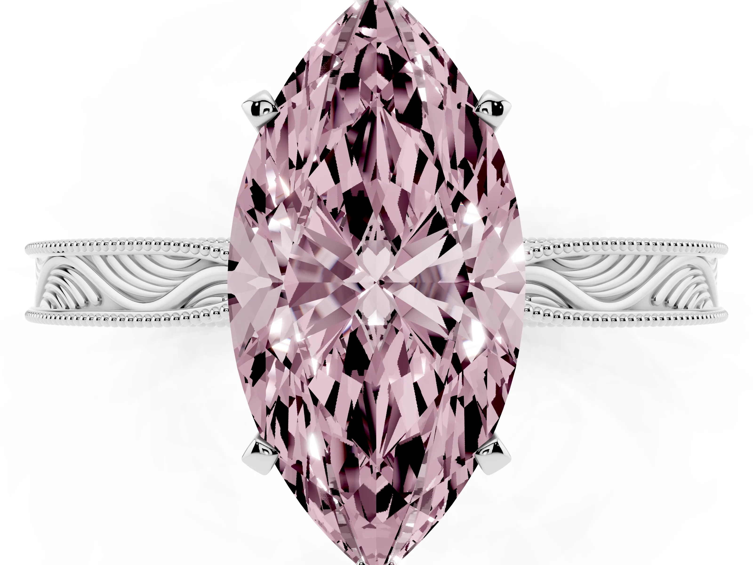 Fancy Pink Marquise Cut Diamond Solitaire Milgrain Engraved Band Set in White gold with Prong Setting
