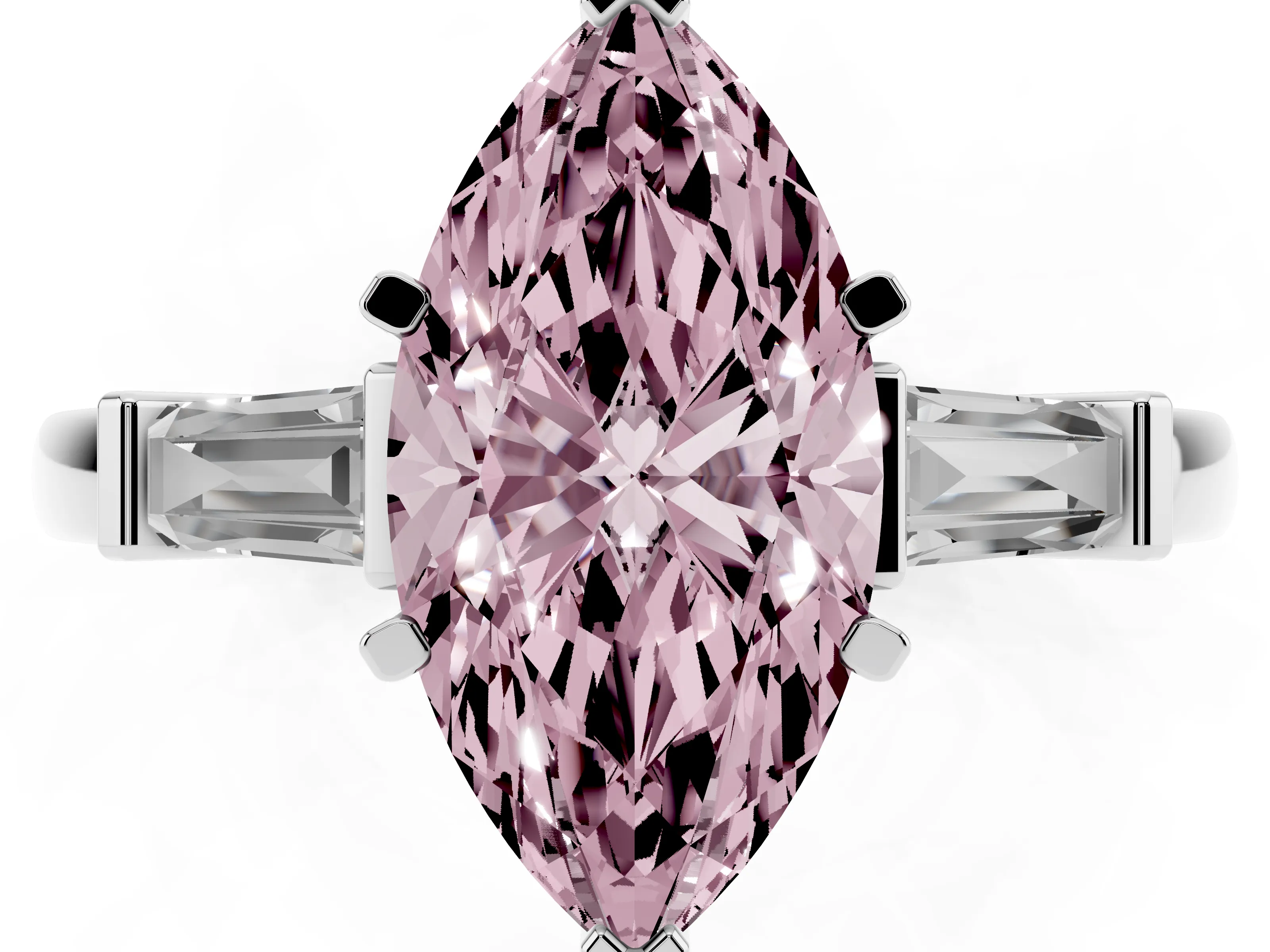 Fancy Pink Marquise Cut Diamond Solitaire Ring Set in White gold with Tapered Baguette Accents and Prong Setting
