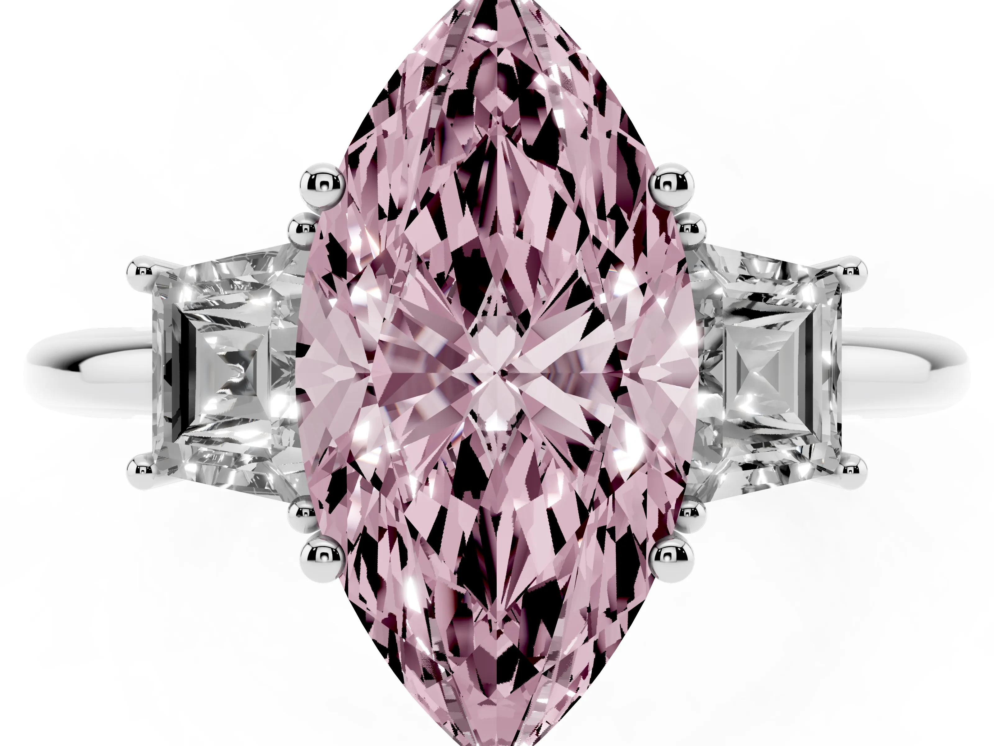 Fancy Pink Marquise Cut Diamond Three-Stone Ring Set in Silver with Trapezoid Side Stones and Prong Setting