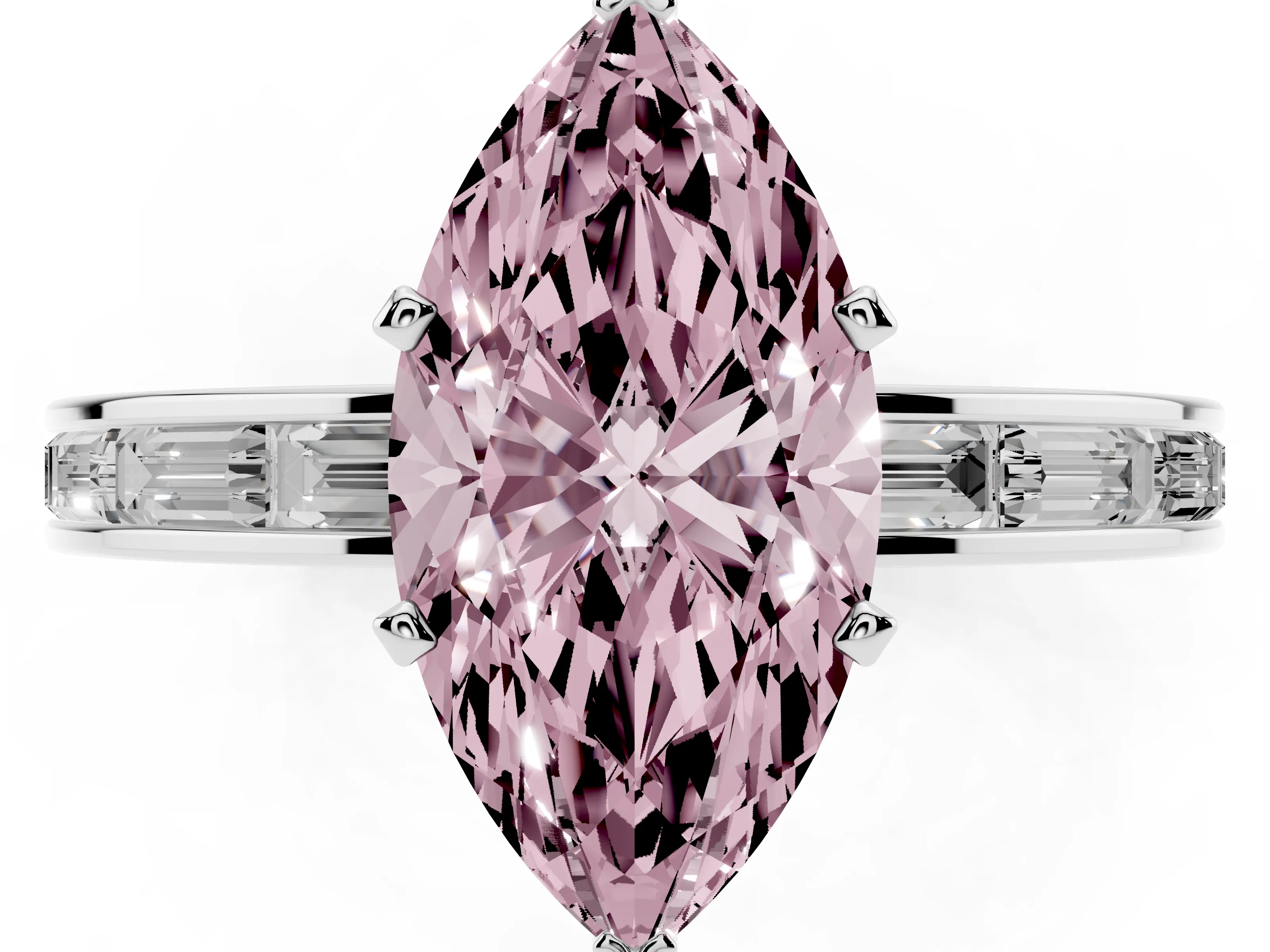 Fancy Pink Marquise Cut Diamond Solitaire Ring Set in White gold with Channel-Set Baguette Band and Prong Setting