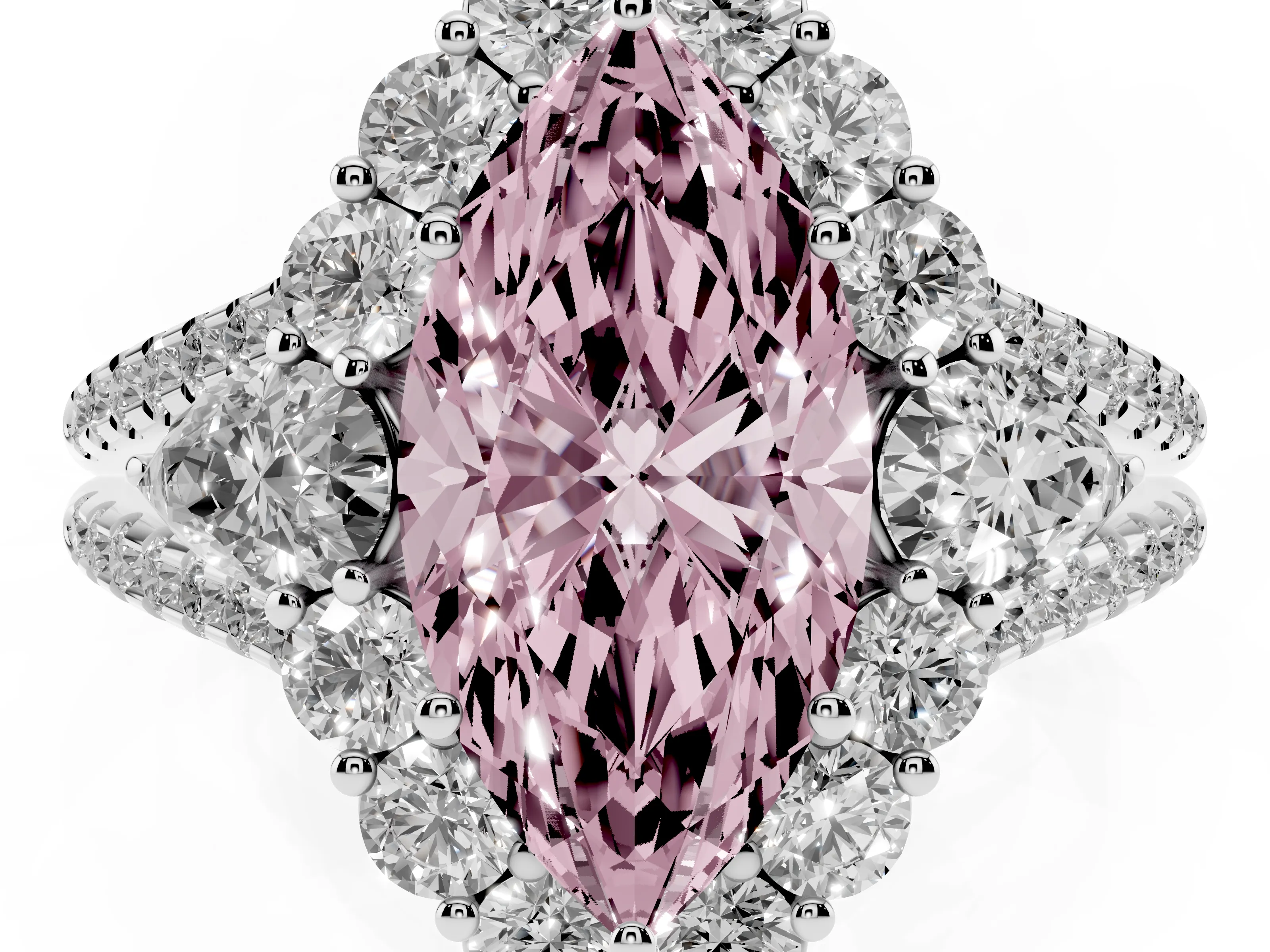 Fancy Pink Marquise Cut Diamond Halo Split Shank Engagement Ring Set in Silver with Prong-Held Center Stone