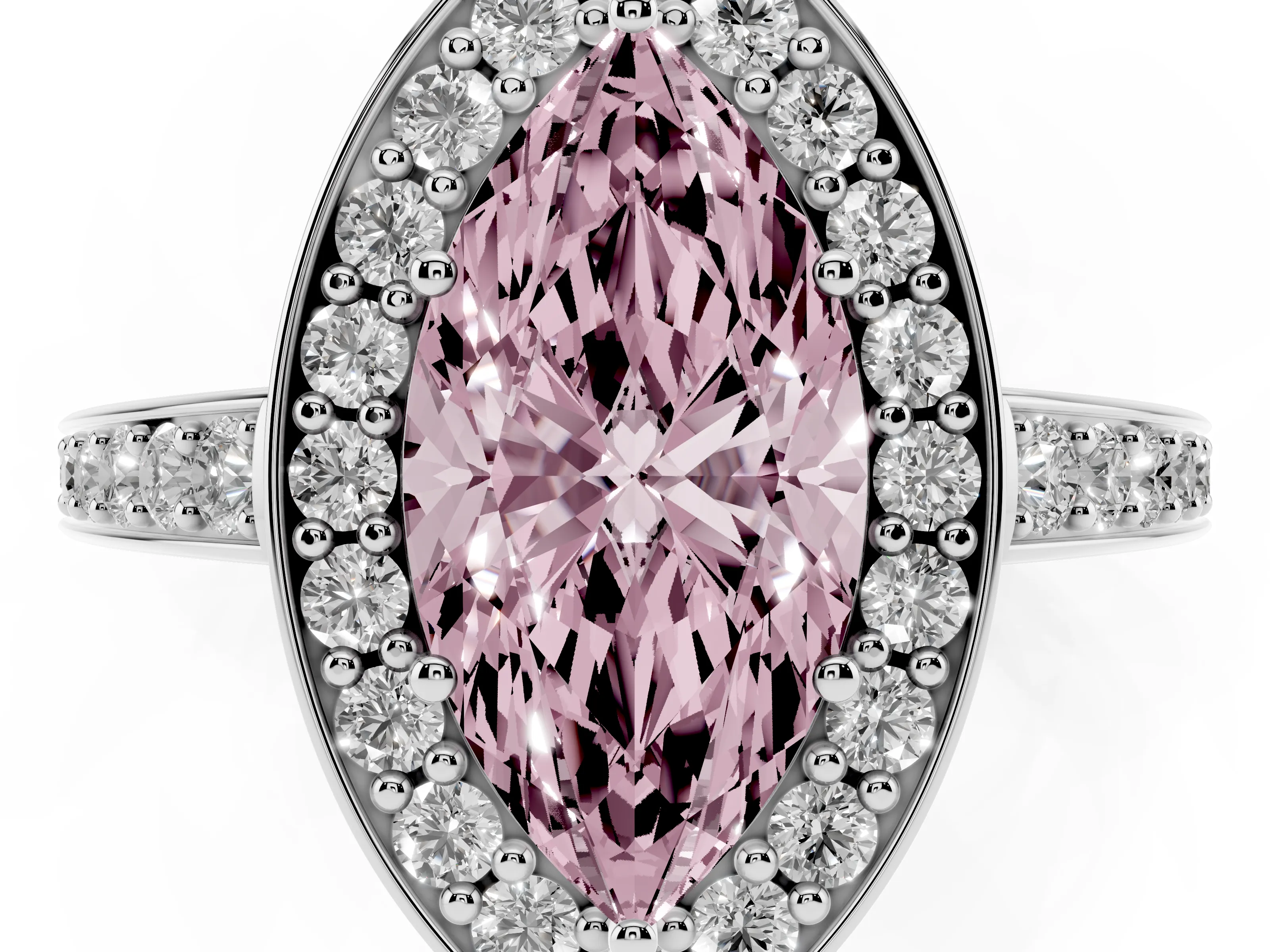 Fancy Pink Marquise Cut Diamond Halo Pavé Engagement Ring Set in White gold with Bezel Setting