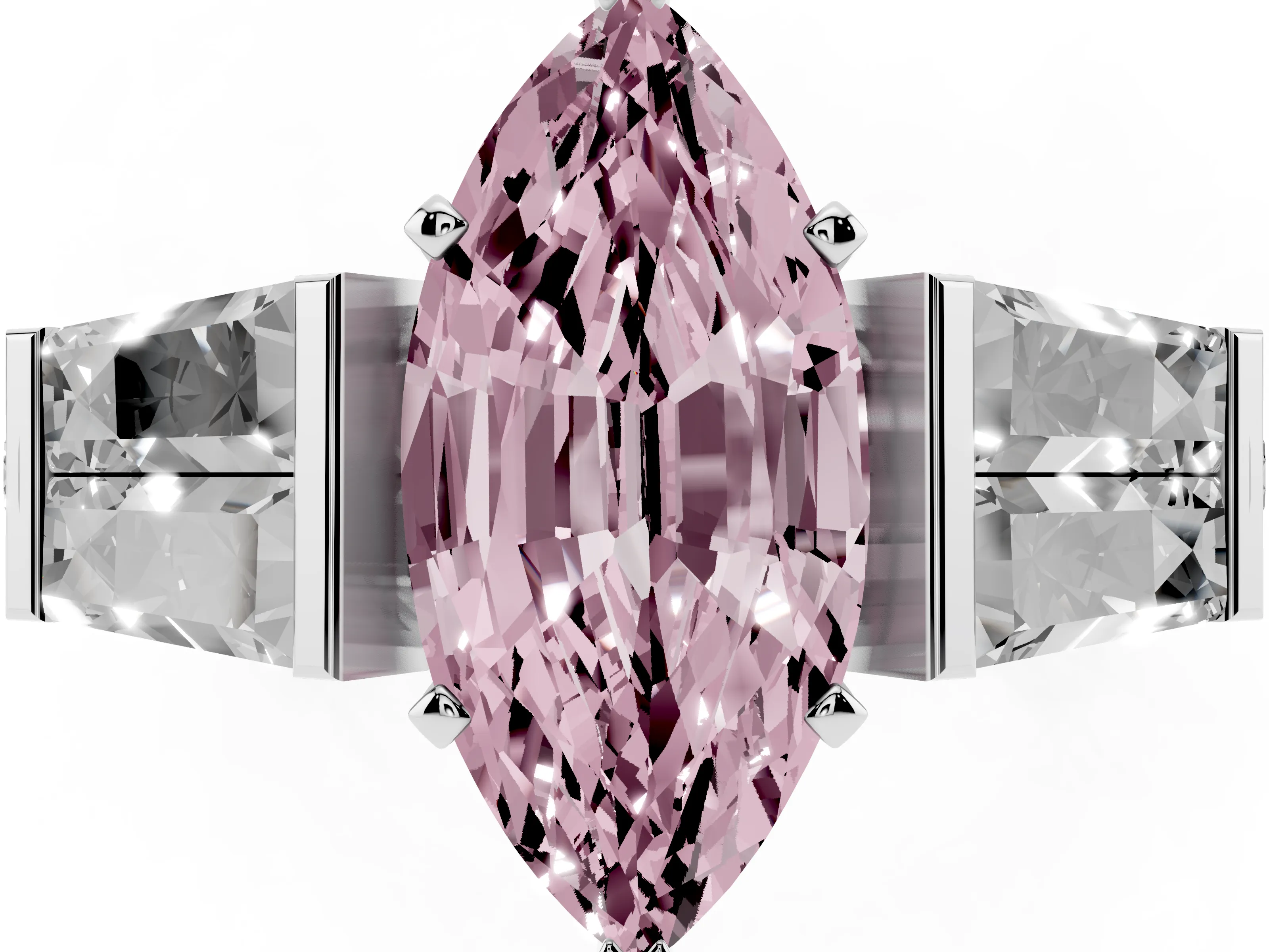 Fancy Pink Marquise Cut Diamond Engagement Ring Set in White gold with Baguette Side Stones and Channel Set Band