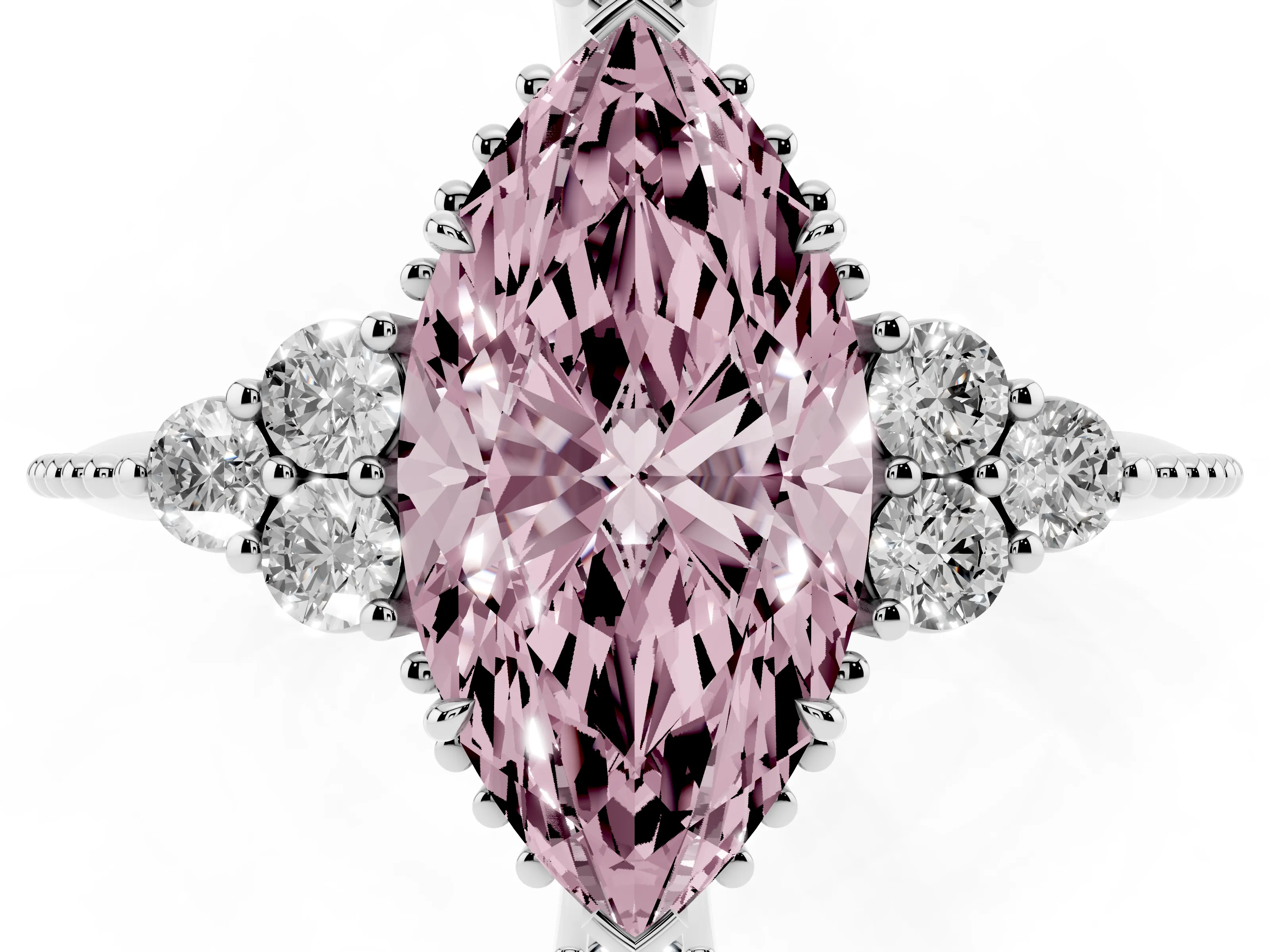 Fancy Pink Marquise Cut Diamond Cluster Ring Set in Silver with Beaded Band