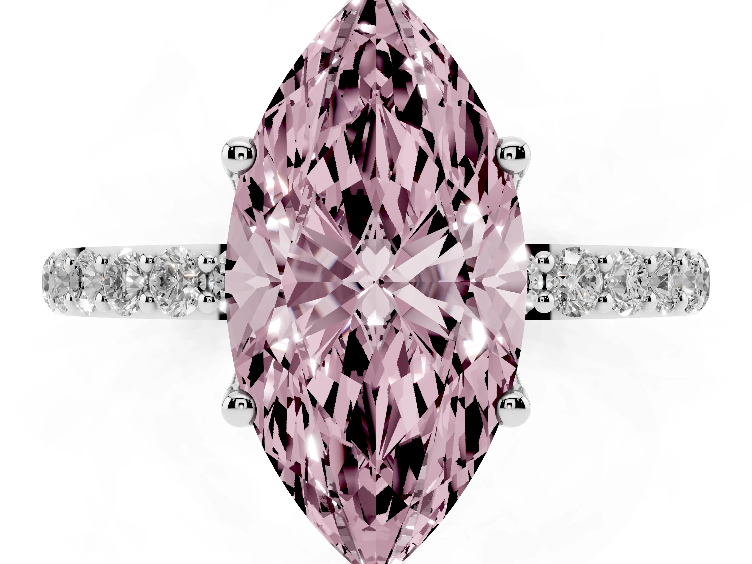 Fancy Pink Marquise Cut Diamond Solitaire Engagement Ring Set in White gold with Round Pavé Band and Prong Setting
