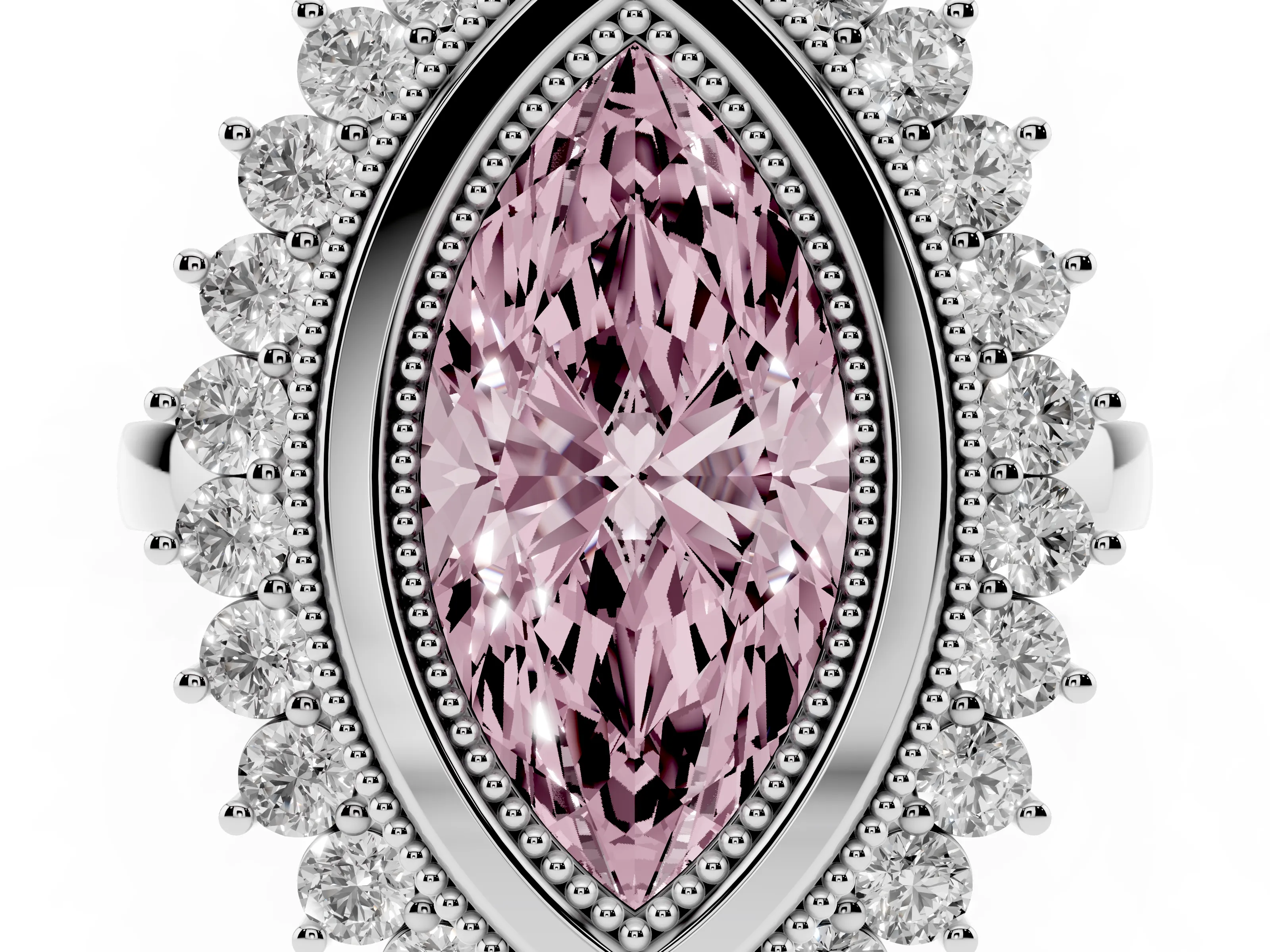 Fancy Pink Marquise Cut Diamond Halo Ring Set in Silver with Milgrain Edge and Round Prong Setting