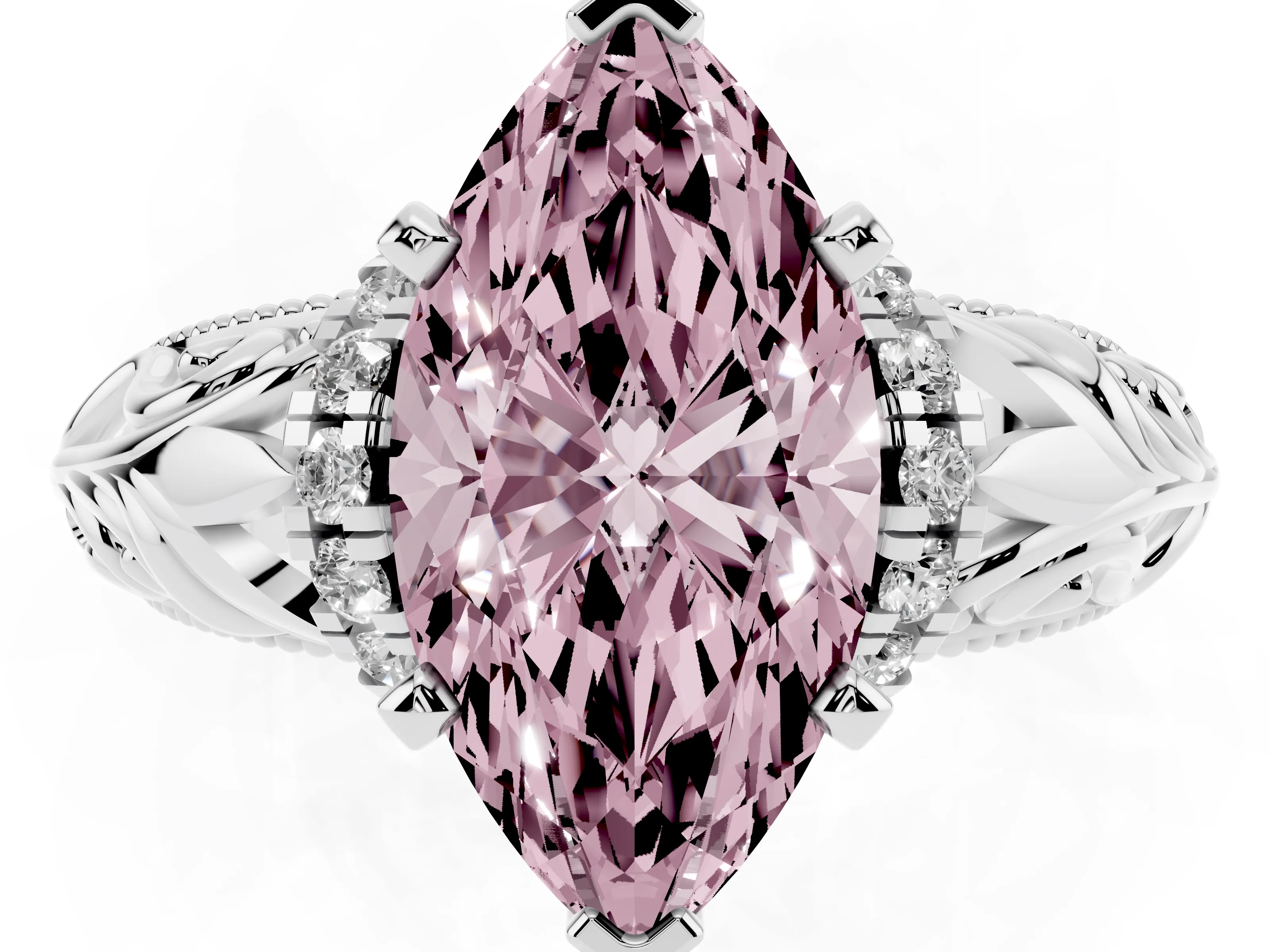 Fancy Pink Marquise Cut Diamond Filigree Halo Engagement Ring Set in White gold with Prong Setting