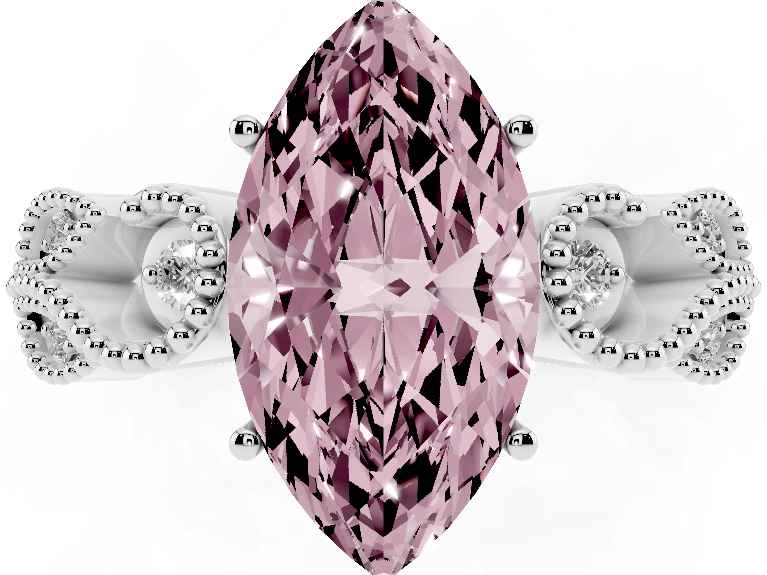 Fancy Pink Marquise Cut Diamond Milgrain Leaf Band Solitaire Ring Set in White gold with Accent Stones and Prong Setting
