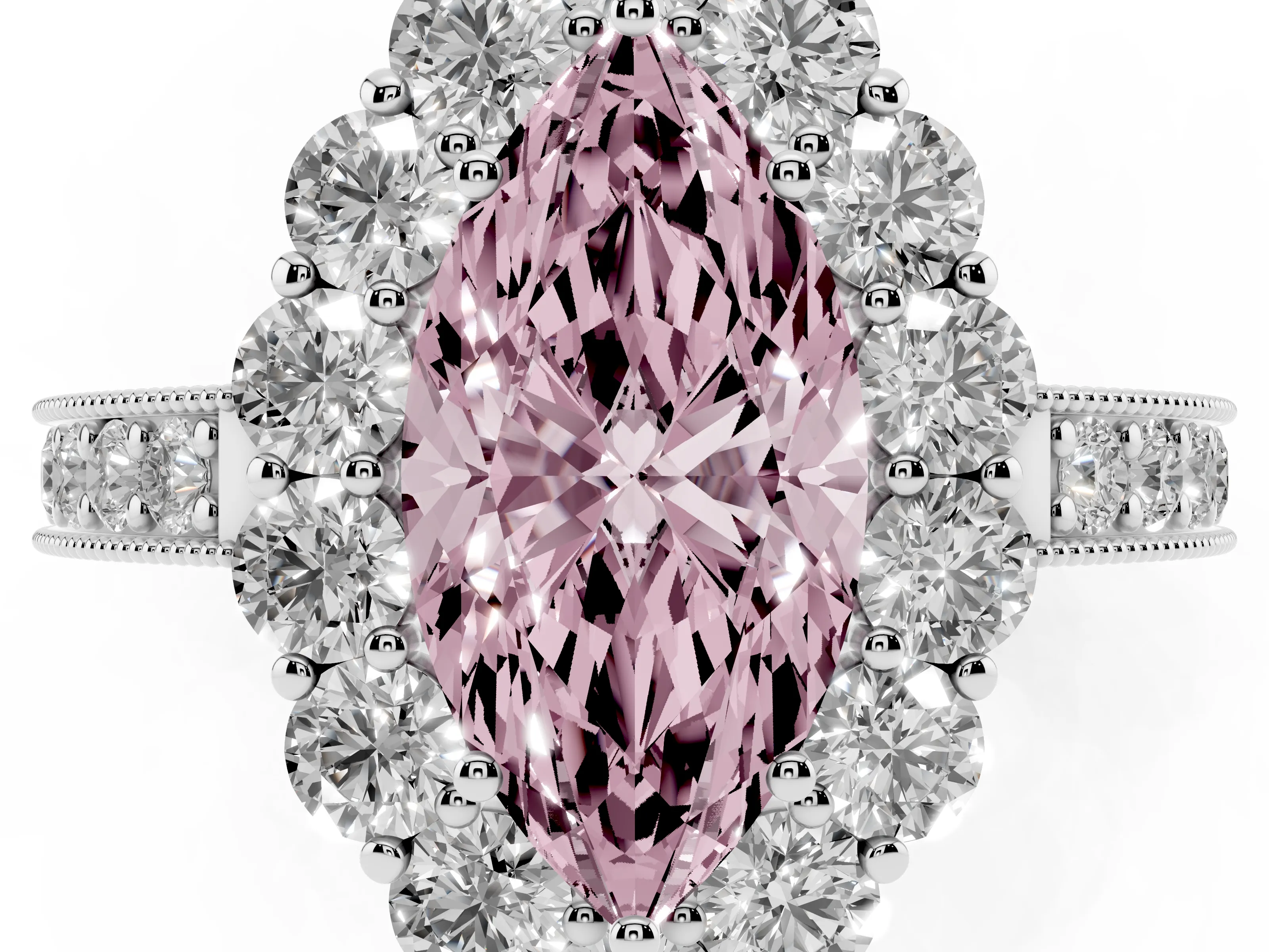Fancy Pink Marquise Cut Diamond Halo Pavé Engagement Ring Set in White gold with Milgrain Detailing