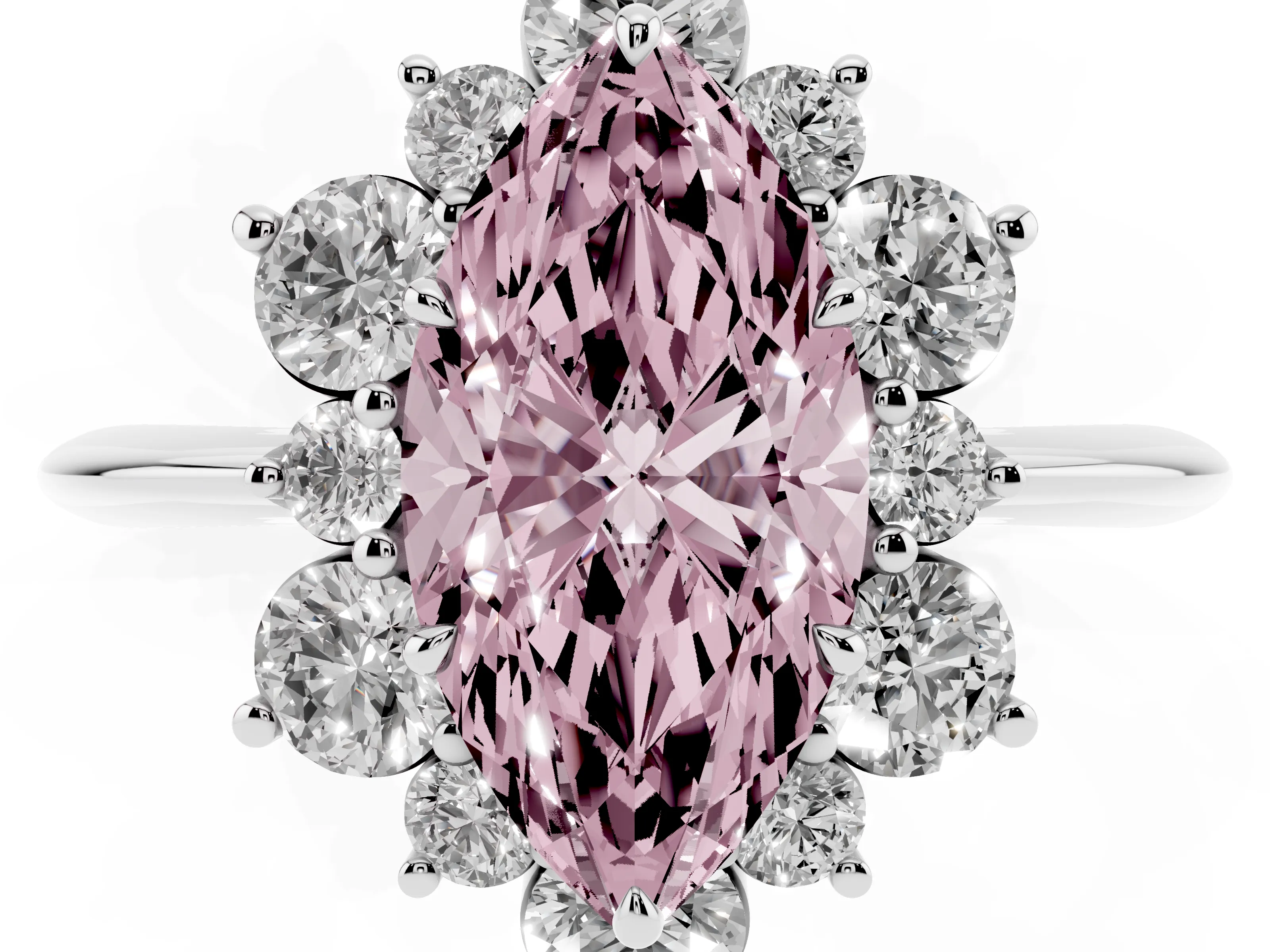 Fancy Pink Marquise Cut Diamond Cluster Halo Ring Set in White gold with Solitaire Band and Prong Setting