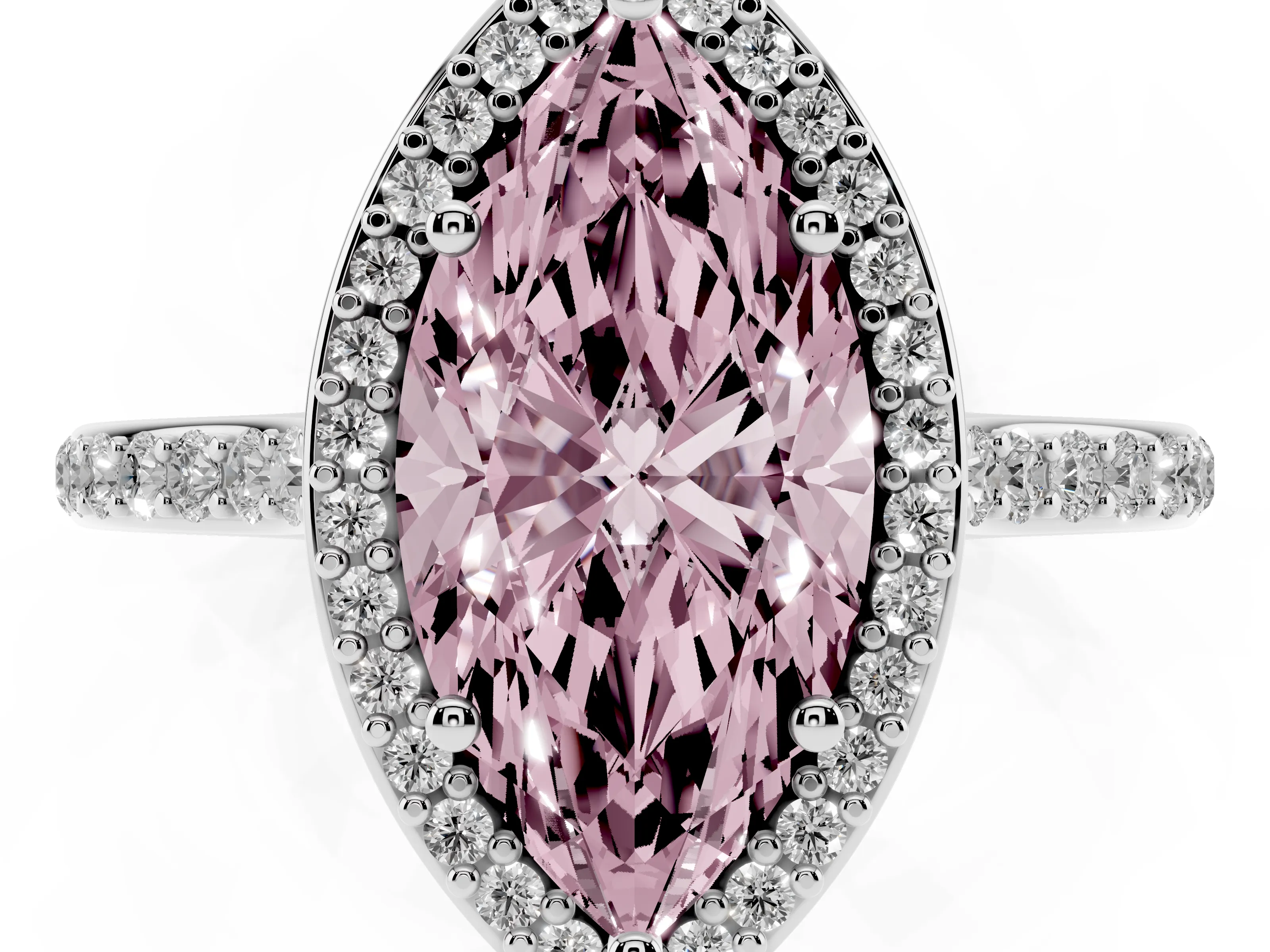 Fancy Pink Marquise Cut Diamond Halo Engagement Ring Set in Silver with Round Pavé Shoulders and Heart Gallery