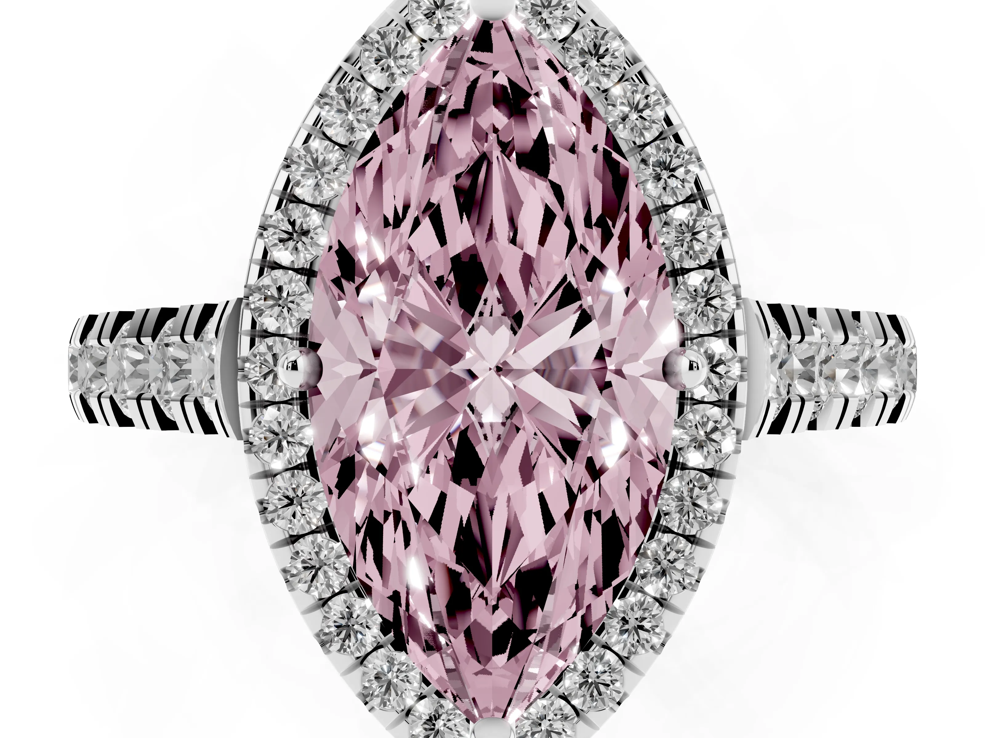 Fancy Pink Marquise Cut Diamond Halo Engagement Ring Set in Platinum with Pavé Band and Prong-Set Center