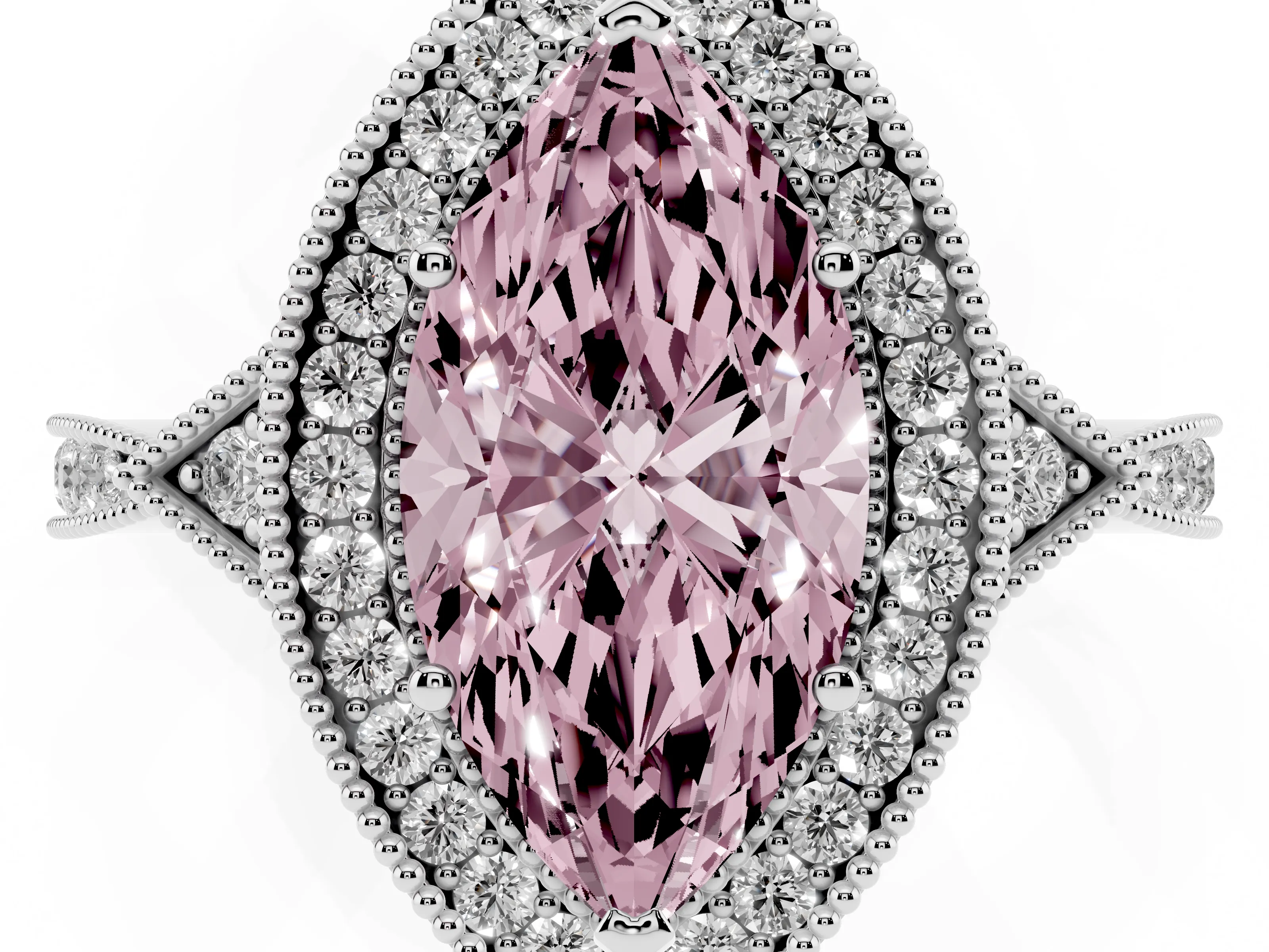 Fancy Pink Marquise Cut Diamond Halo Engagement Ring Set in White gold with Milgrain Pavé Band
