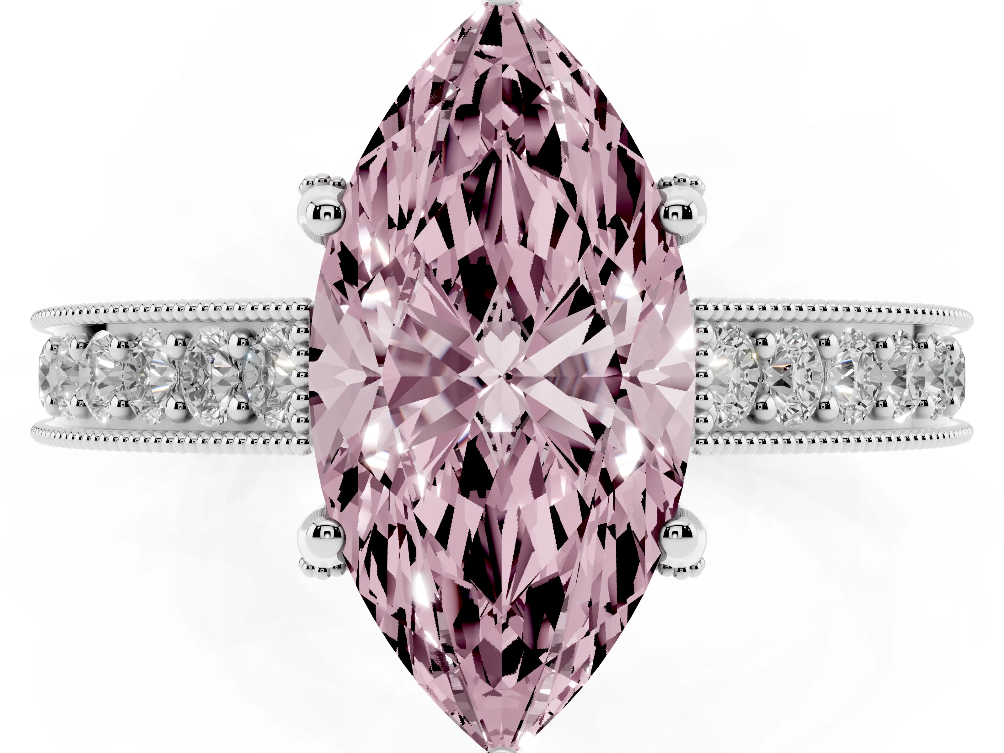 Fancy Pink Marquise Cut Diamond Solitaire Ring Set in White gold with Milgrain-Edged Pavé Band and Prong Setting