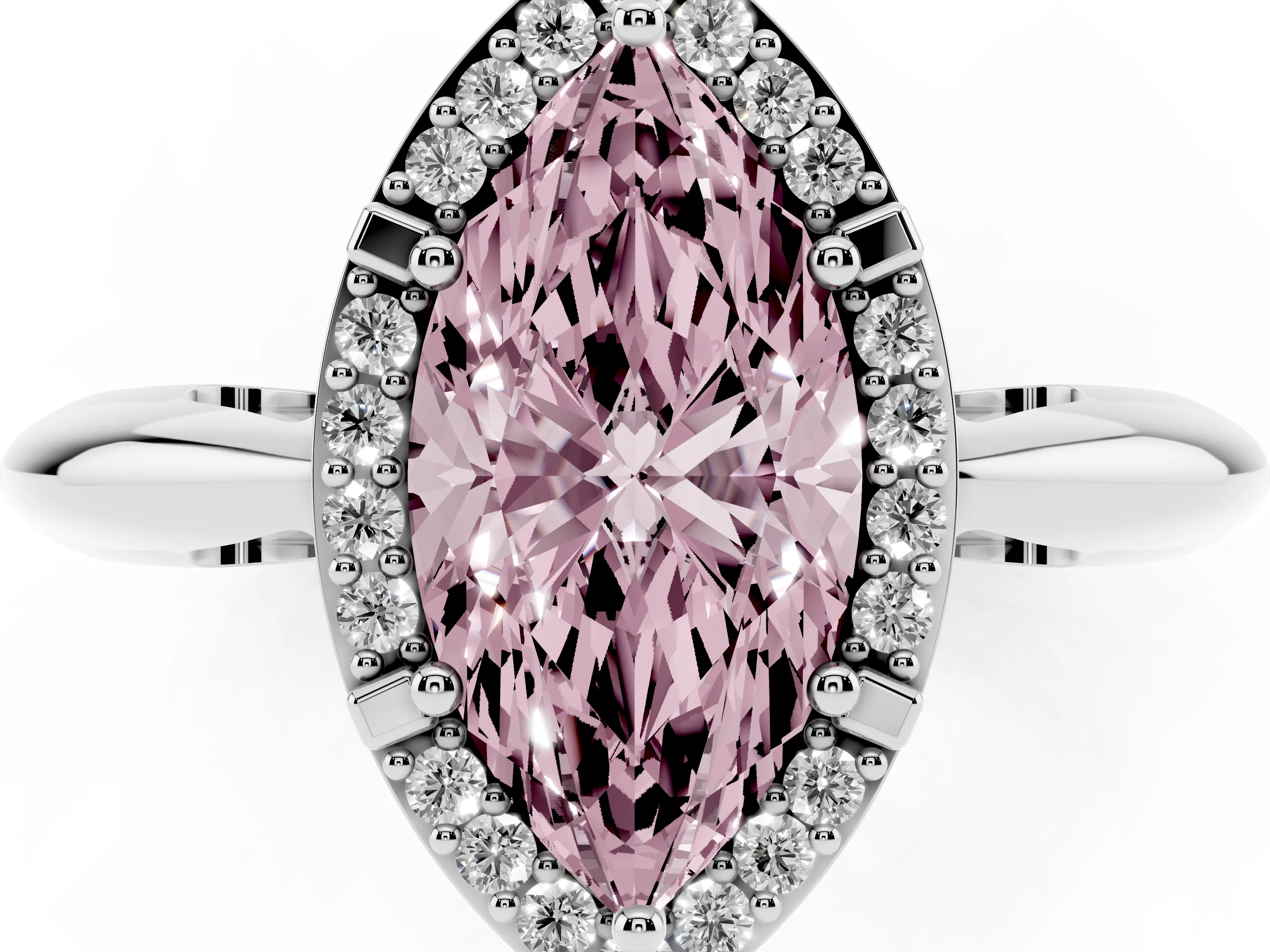 Fancy Pink Marquise Cut Diamond Halo Engagement Ring Set in White gold with Plain Split Shank and Prong Setting