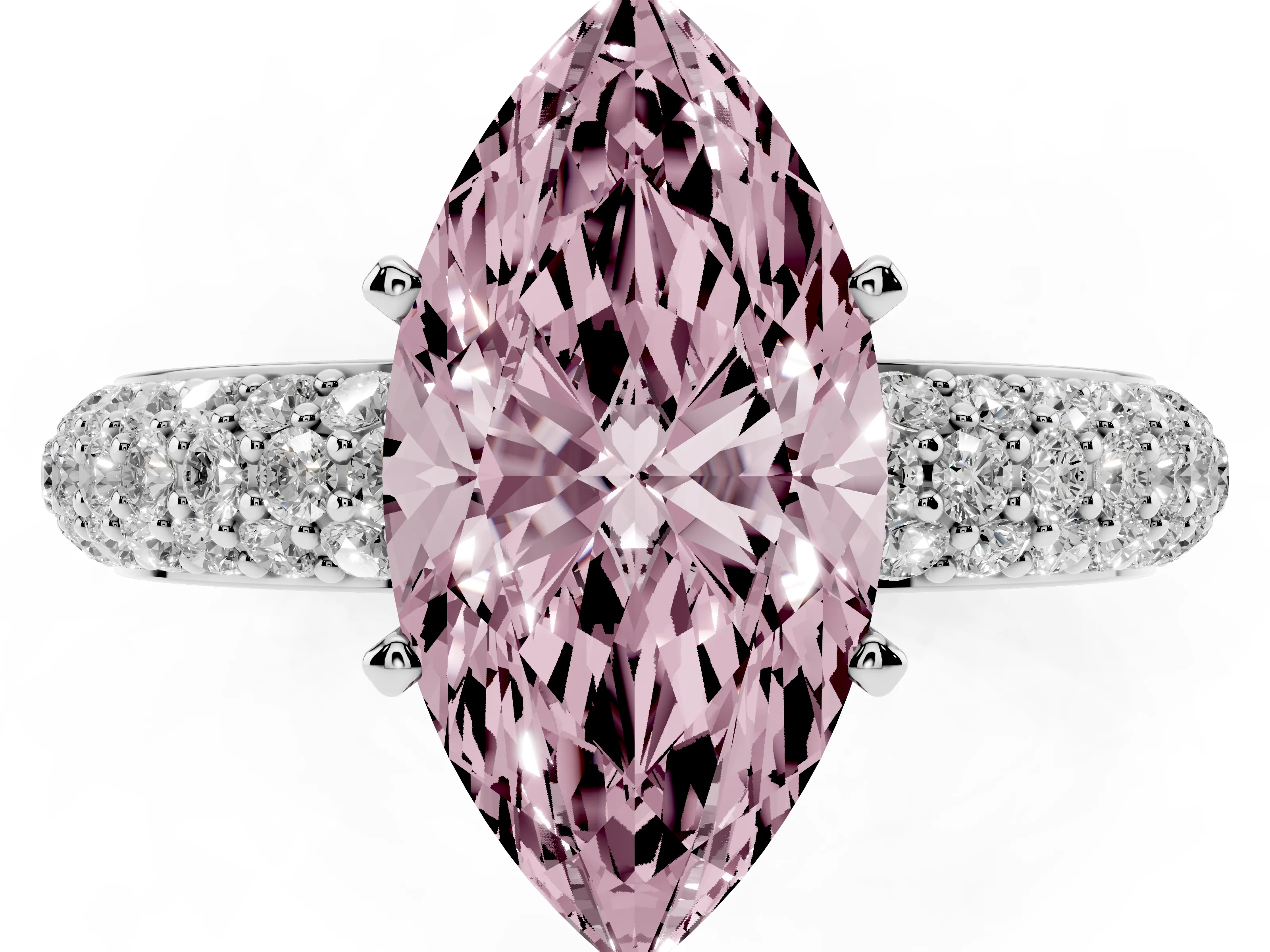 Fancy Pink Marquise Cut Diamond Solitaire Ring Set in Platinum with Prong Setting and Pavé-Set Band