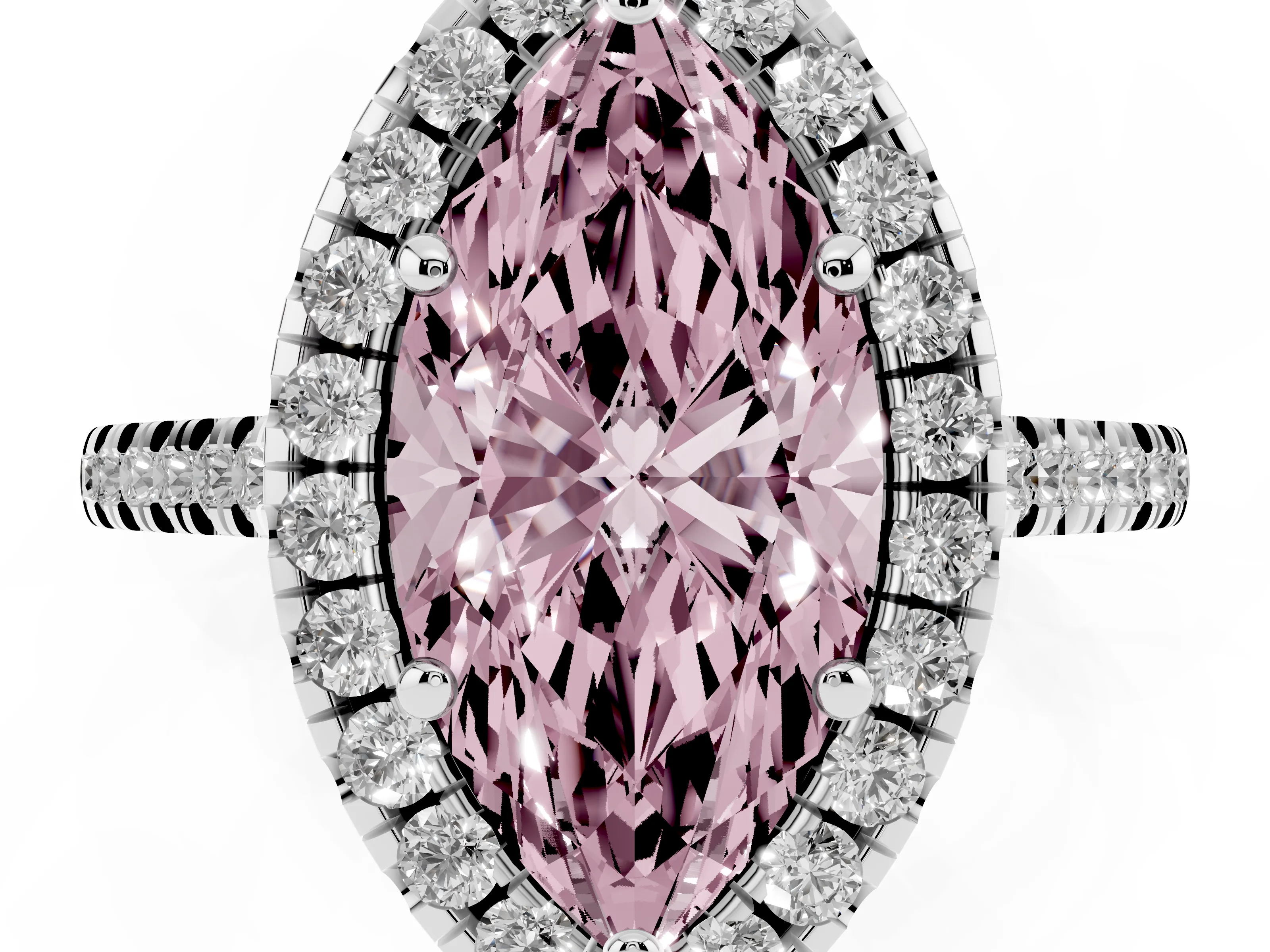 Fancy Pink Marquise Cut Diamond Cushion Halo Ring Set in White gold with Pavé Band