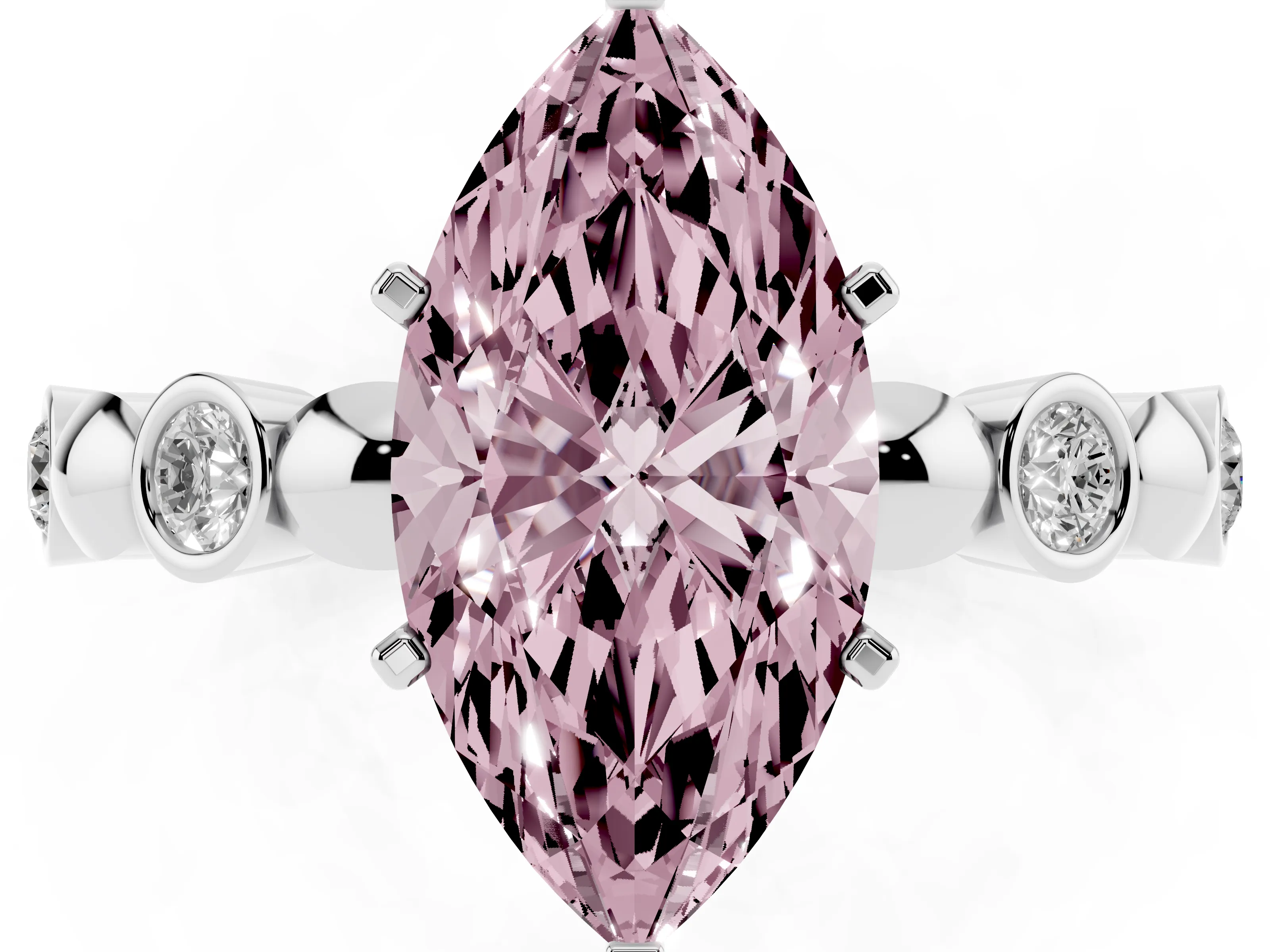 Fancy Pink Marquise Cut Diamond Solitaire Ring Set in Silver with Bezel-Set Accents on Beaded Band and Prong Setting