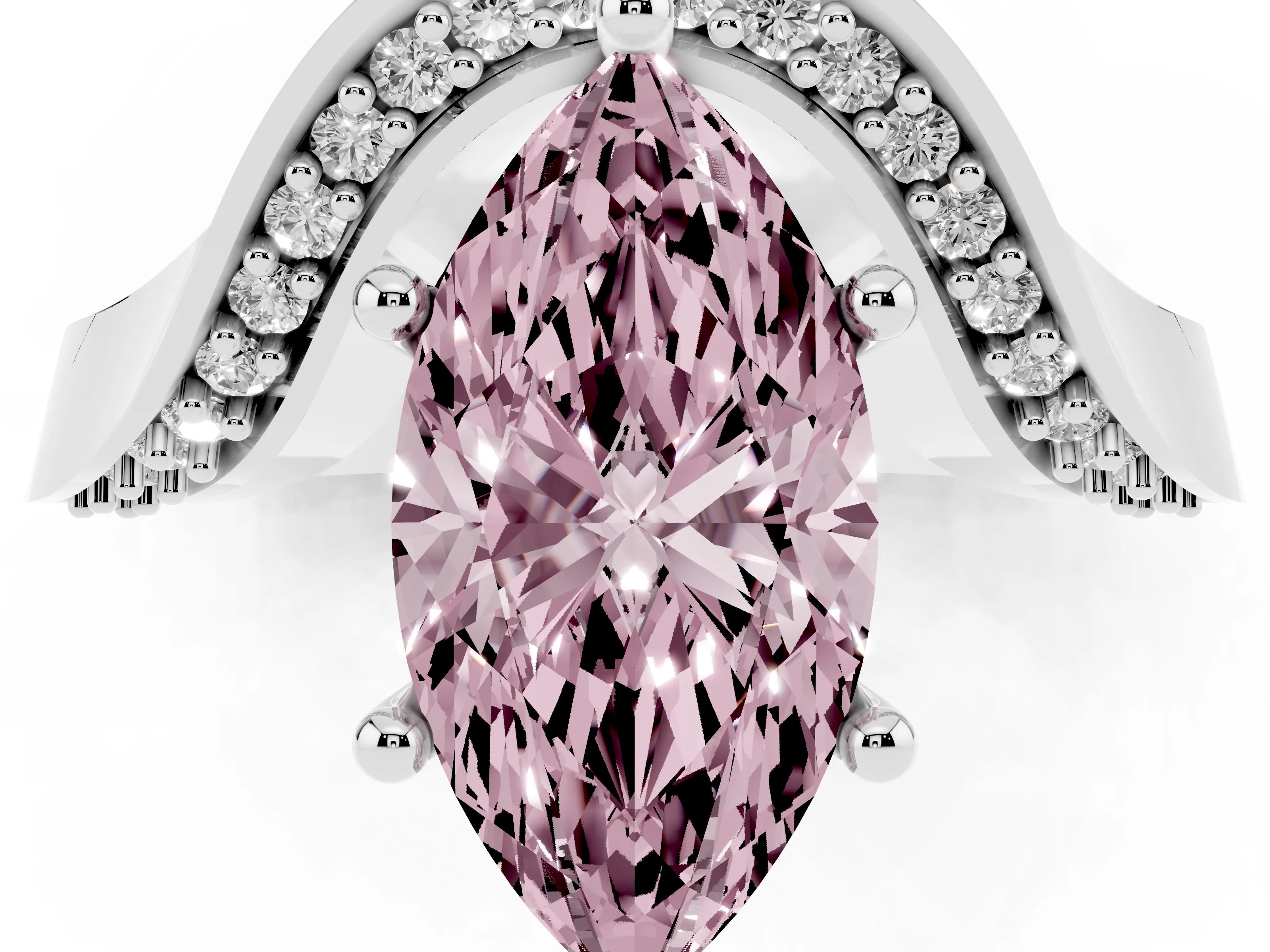 Fancy Pink Marquise Cut Diamond Solitaire Engagement Ring Set in Platinum with Pavé Shoulders