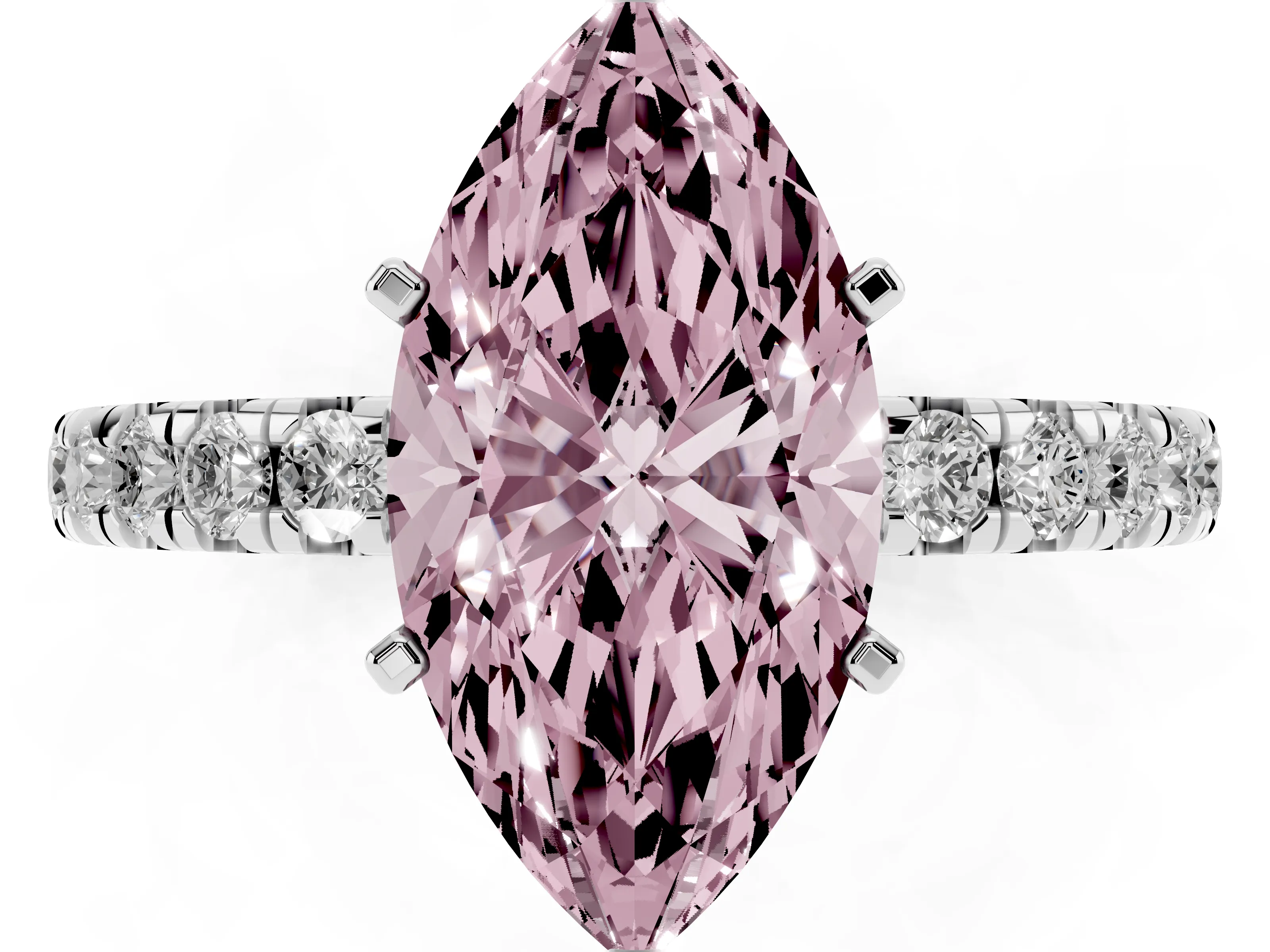 Fancy Pink Marquise Cut Diamond Pavé Solitaire Ring Set in Platinum with Round Band and Prong Setting