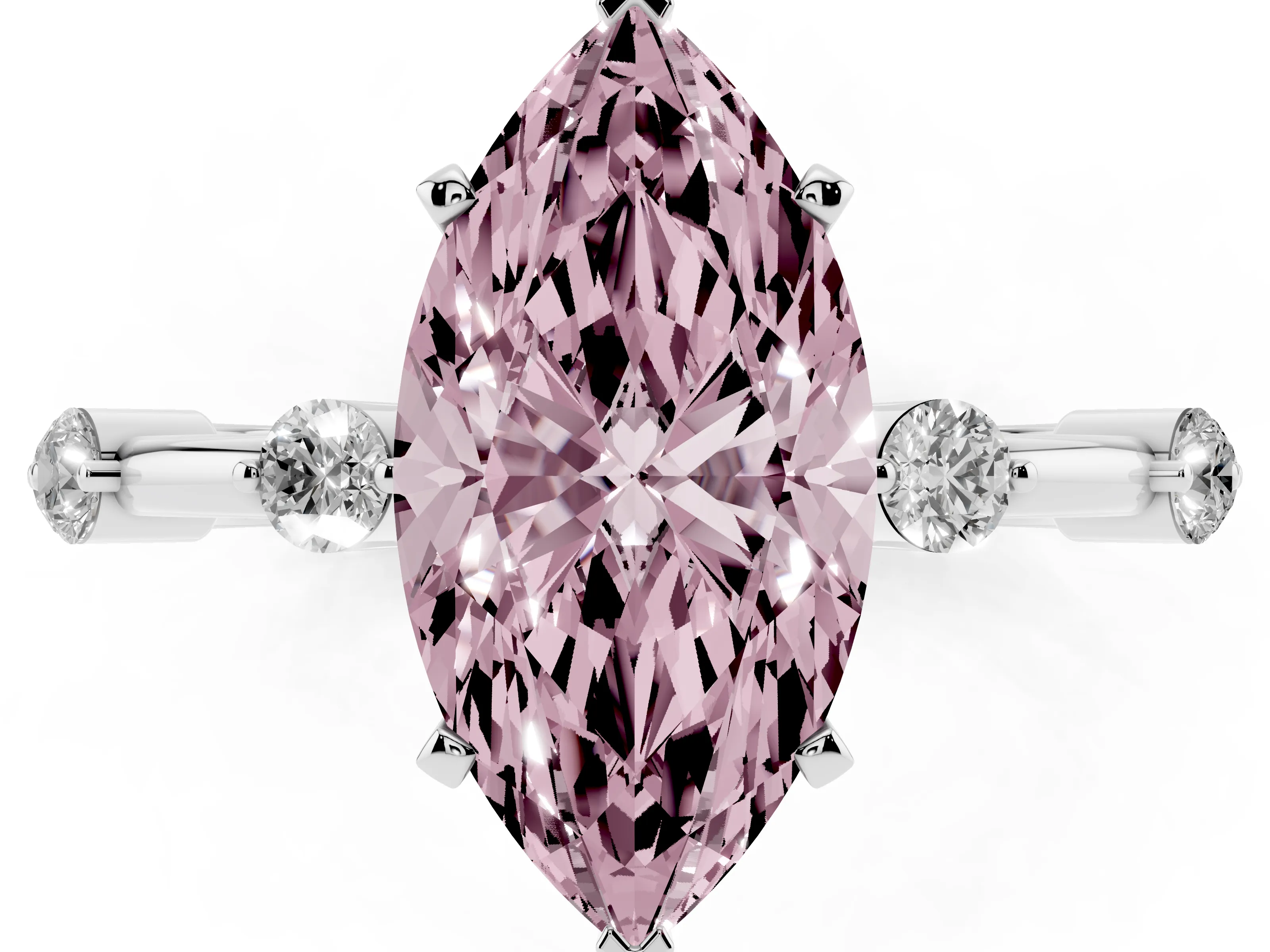 Fancy Pink Marquise Cut Diamond Solitaire Ring Set in White gold with Bezel Set Side Stones and Prong Setting