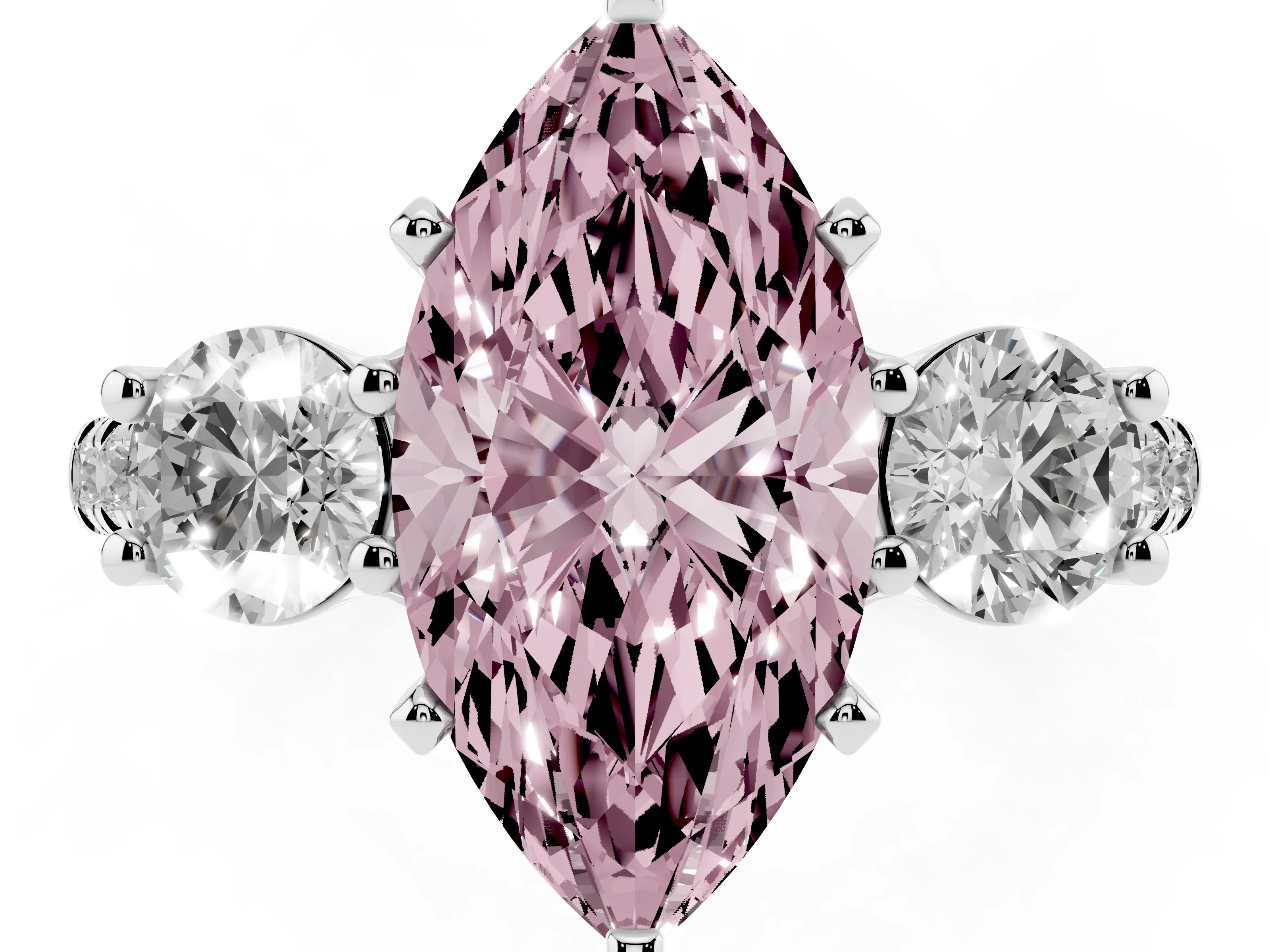 Fancy Pink Three-Stone Marquise Cut Diamond Pavé Band Ring Set in Platinum with Prong-Set Trio